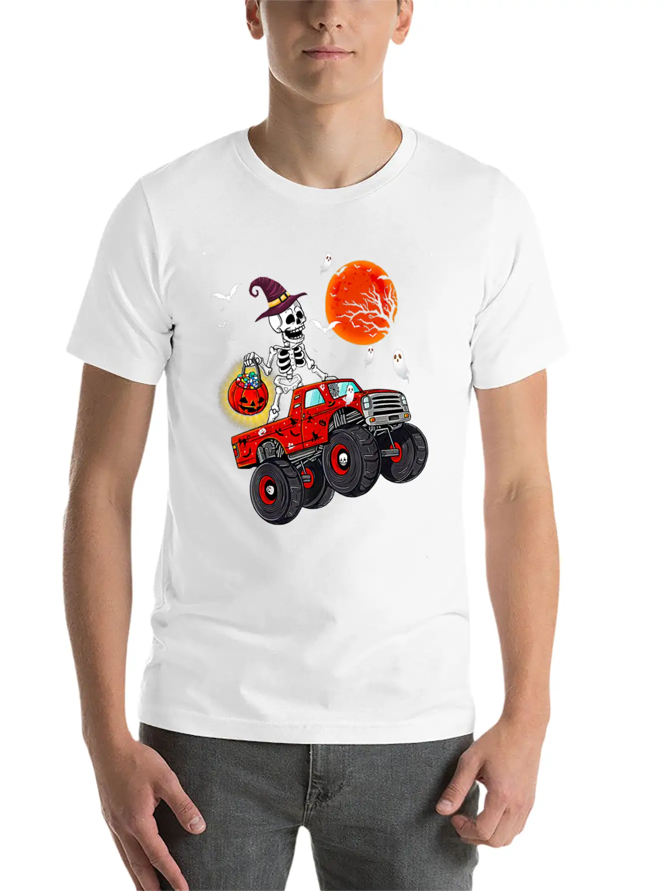 Funny Halloween Skeleton Monster Truck Unisex Short Sleeve Soft Cotton T-Shirt – Casual Everyday Wear
