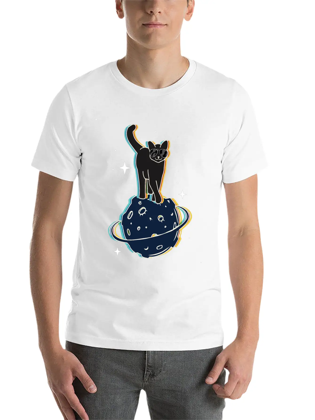 Funny Surrealistic Cool Cat On Comet Stylish Everyday T-Shirt – Unisex Basic Cotton Tee