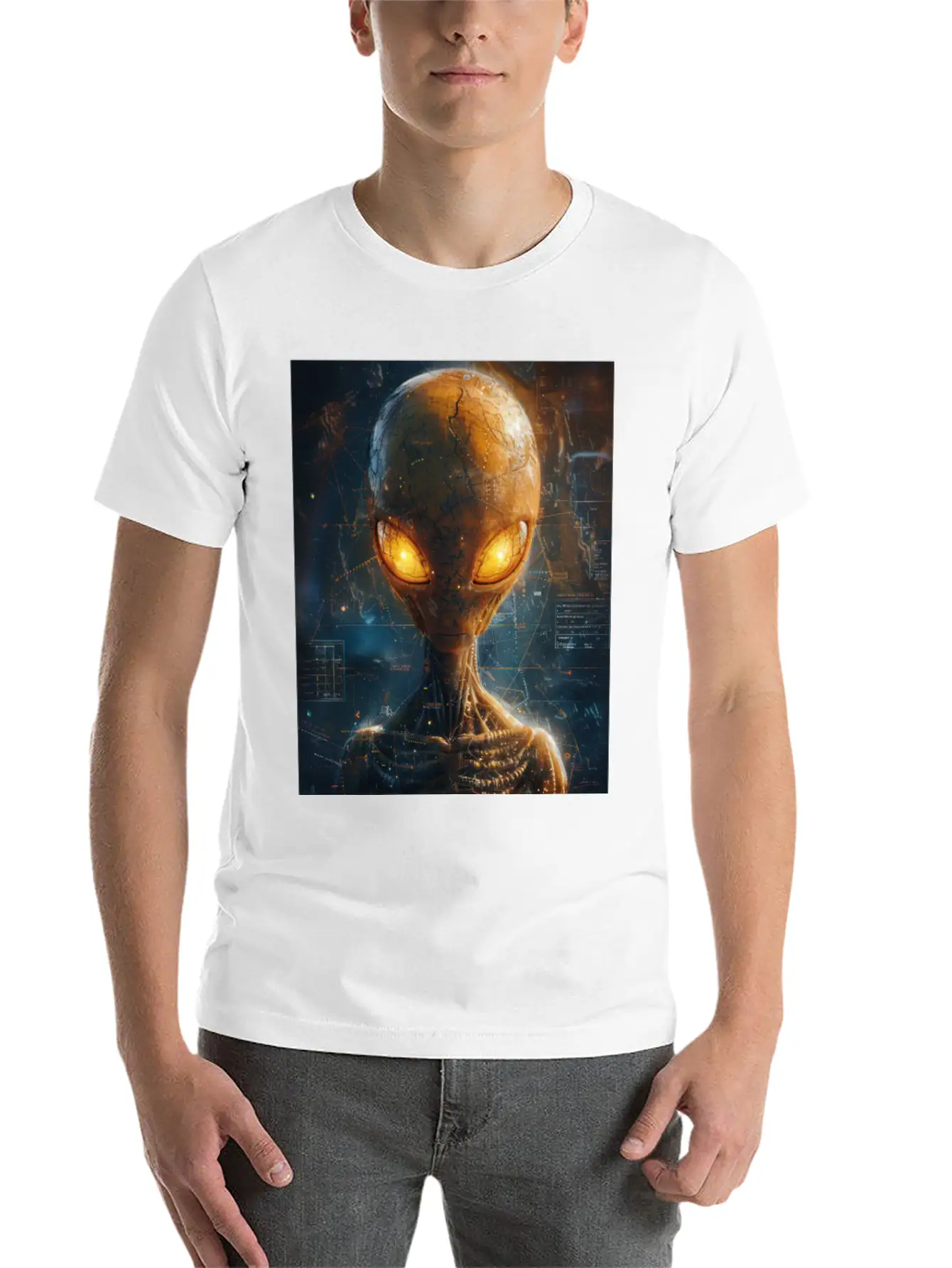 Futuristic Alien With Glowing Eyes In Digital Real Comfortable Minimalist Graphic Tee – Summer Style Essential