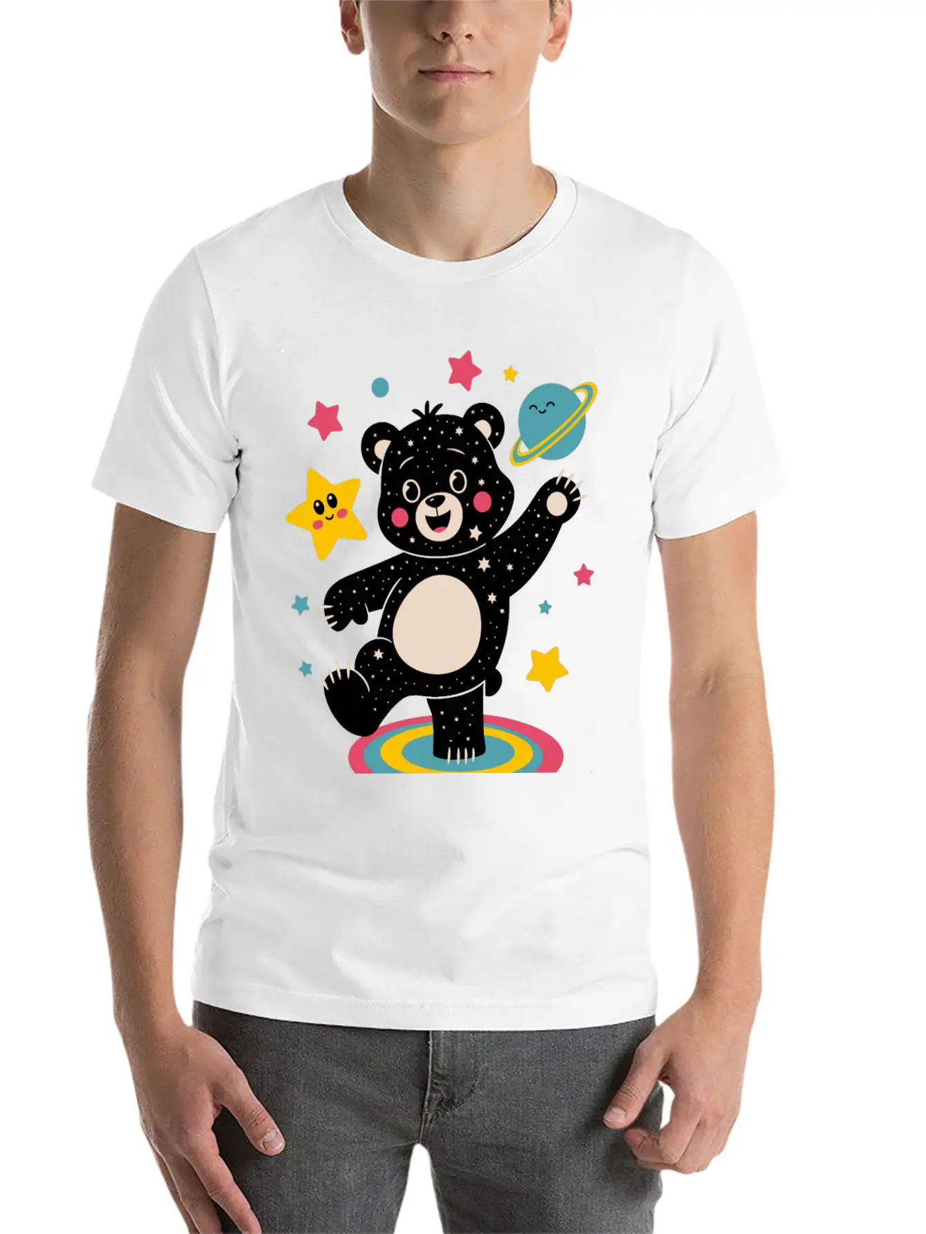 Galaxy Dancing Bear Cute Happy Unisex Short Sleeve Soft Cotton T-Shirt – Casual Everyday Wear