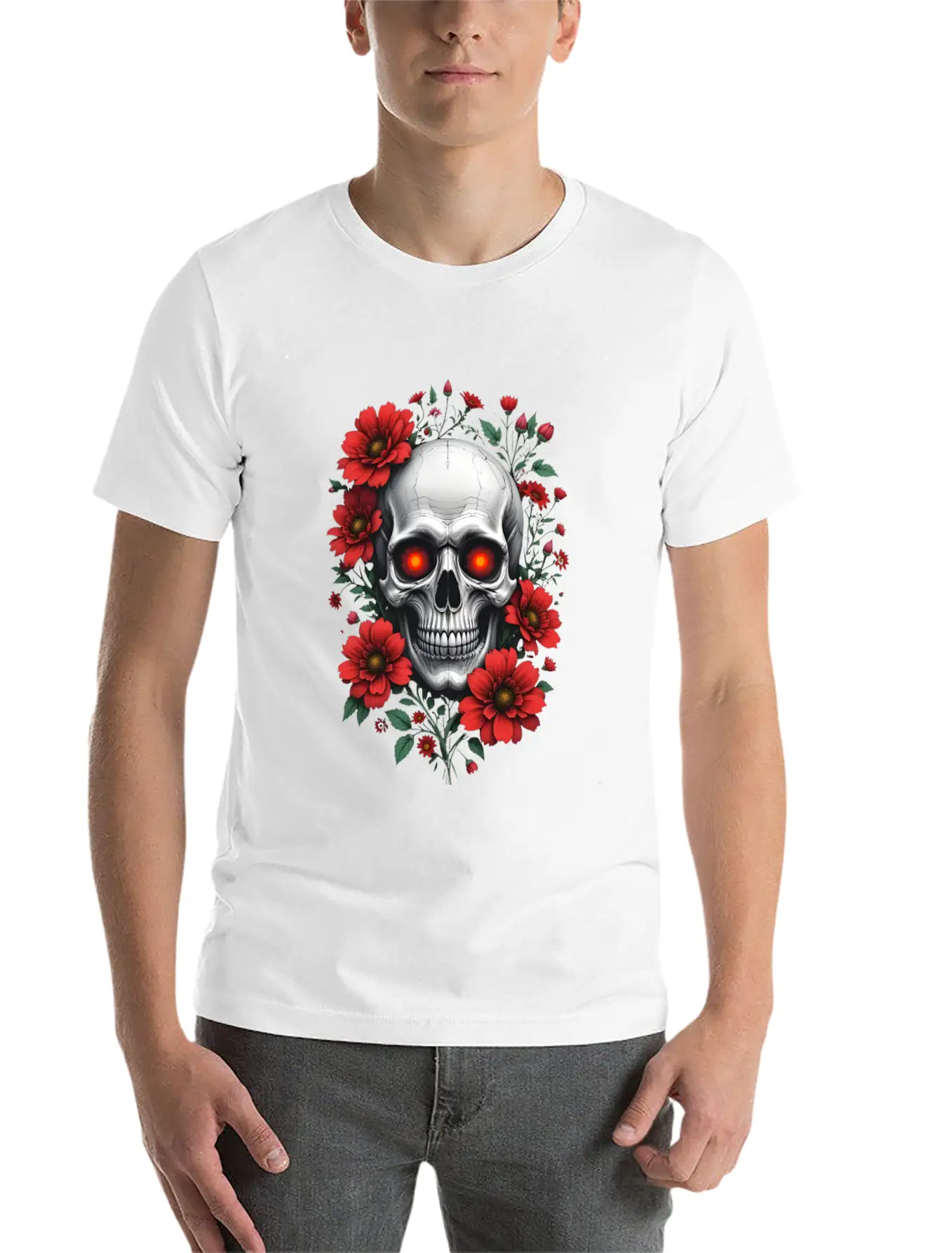Gothic Skull And Red Floral Edgy Artistic Stylish Everyday T-Shirt – Unisex Basic Cotton Tee
