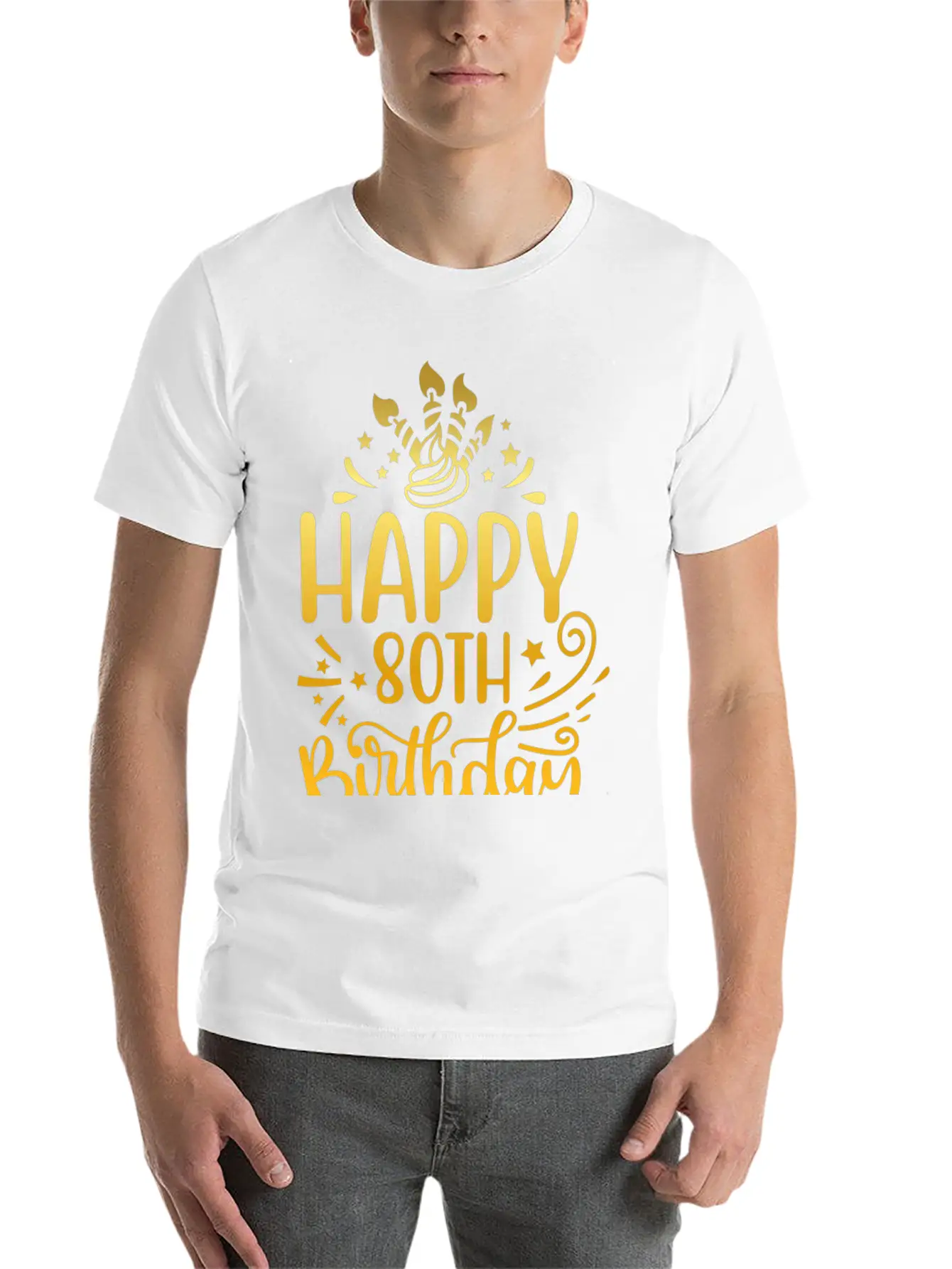 Happy 80th Birthday Presents 80 Year Old Gift Gold Unisex Short Sleeve Soft Cotton T-Shirt – Casual Everyday Wear