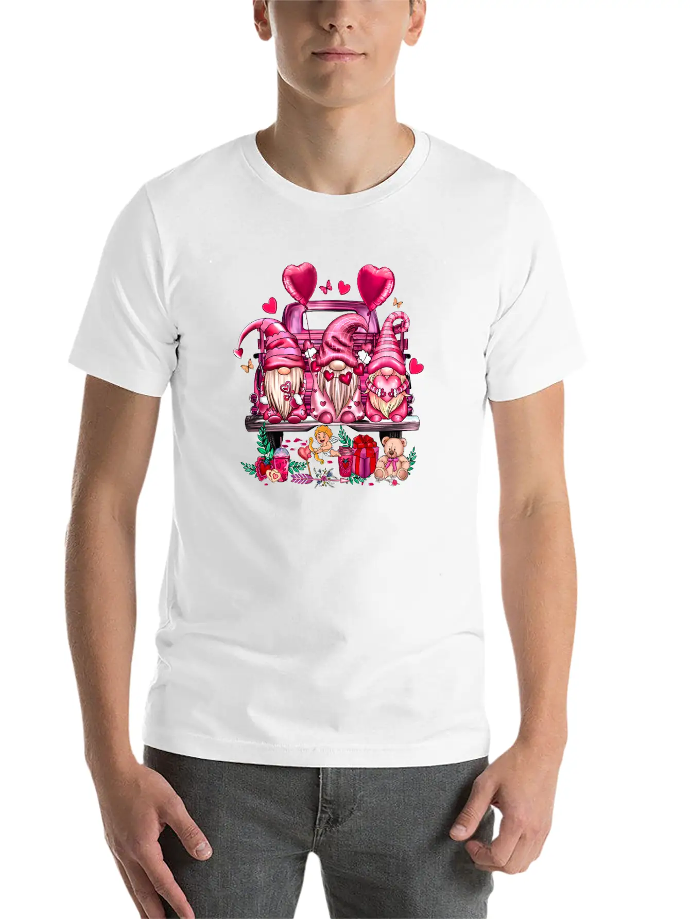 Happy Valentines Day Gnomies Pink Truck Valentines Stylish Everyday T-Shirt – Unisex Basic Cotton Tee