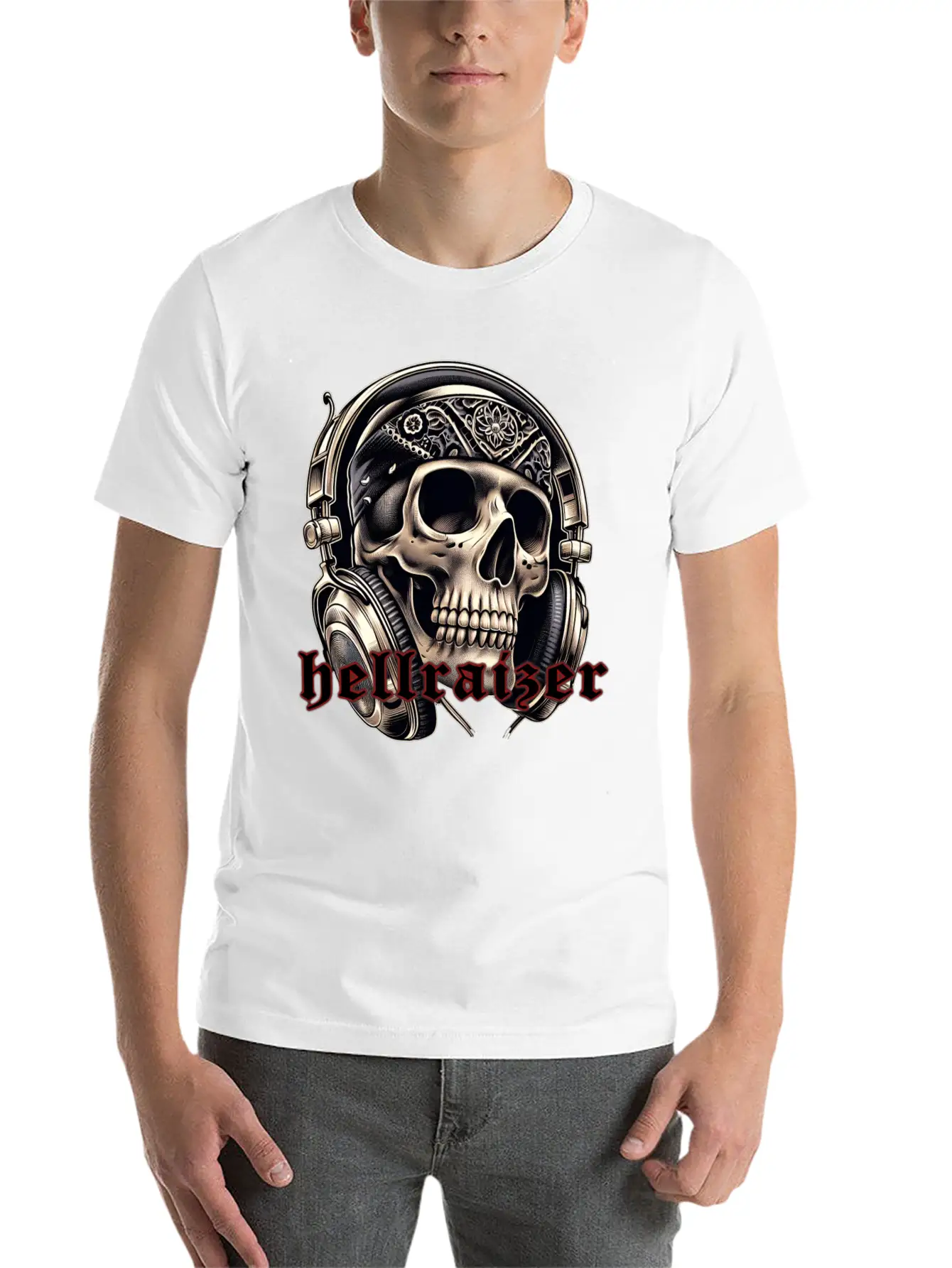 HellRaizer Skull And Headphones Unisex Short Sleeve Soft Cotton T-Shirt – Casual Everyday Wear