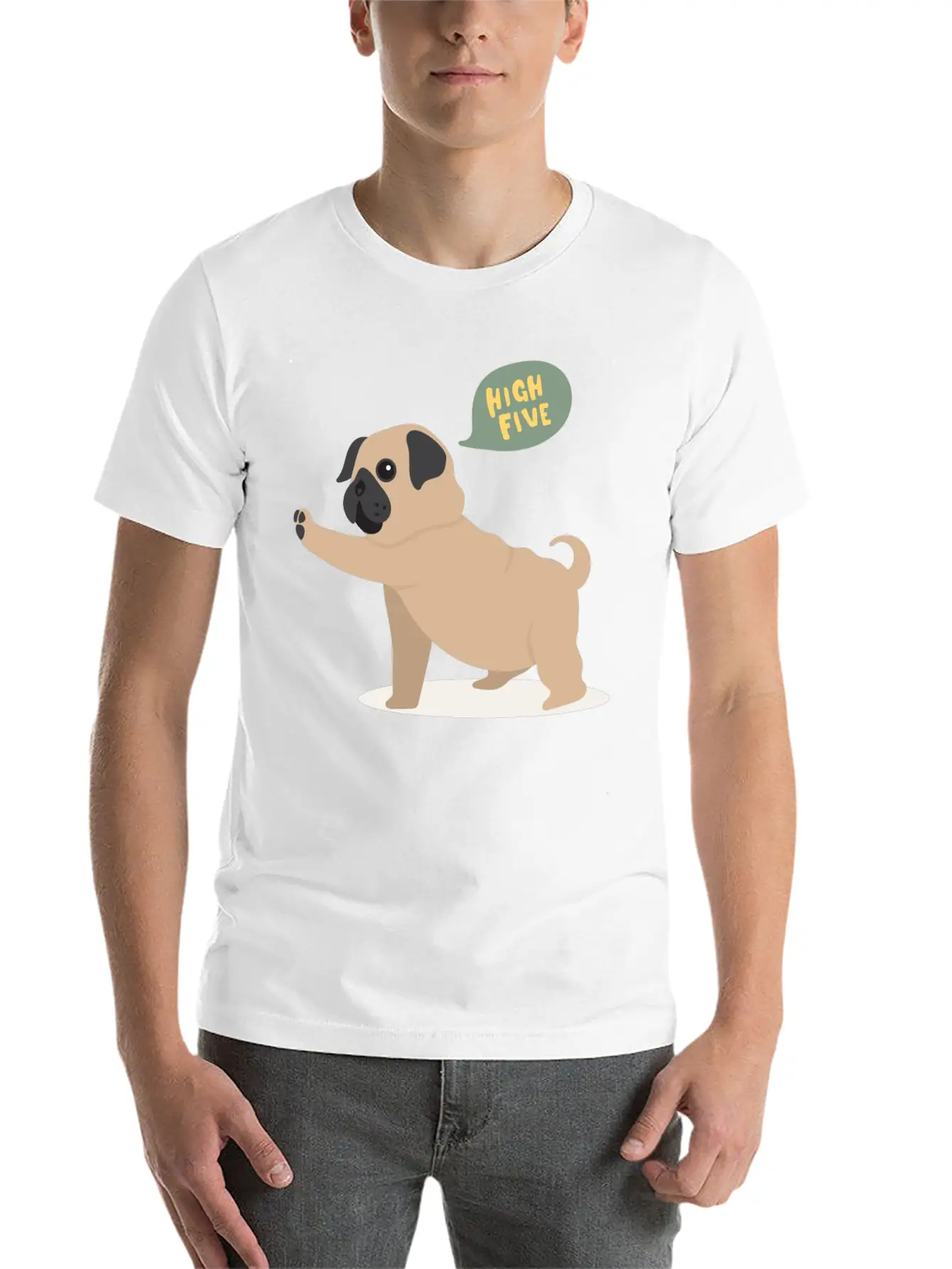 High Five Pug Dog Funny Cute Cartoon Gift Unisex Short Sleeve Soft Cotton T-Shirt – Casual Everyday Wear
