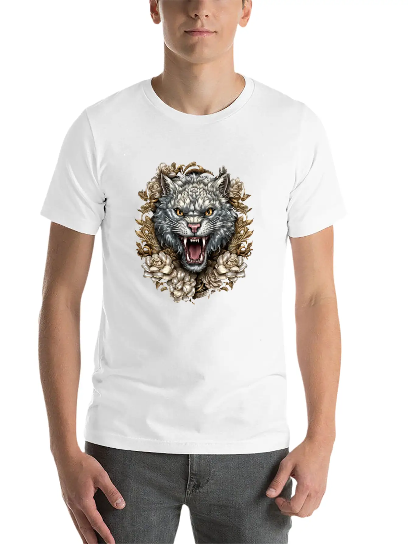 Hissing Cat Among Roses Stylish Everyday T-Shirt – Unisex Basic Cotton Tee