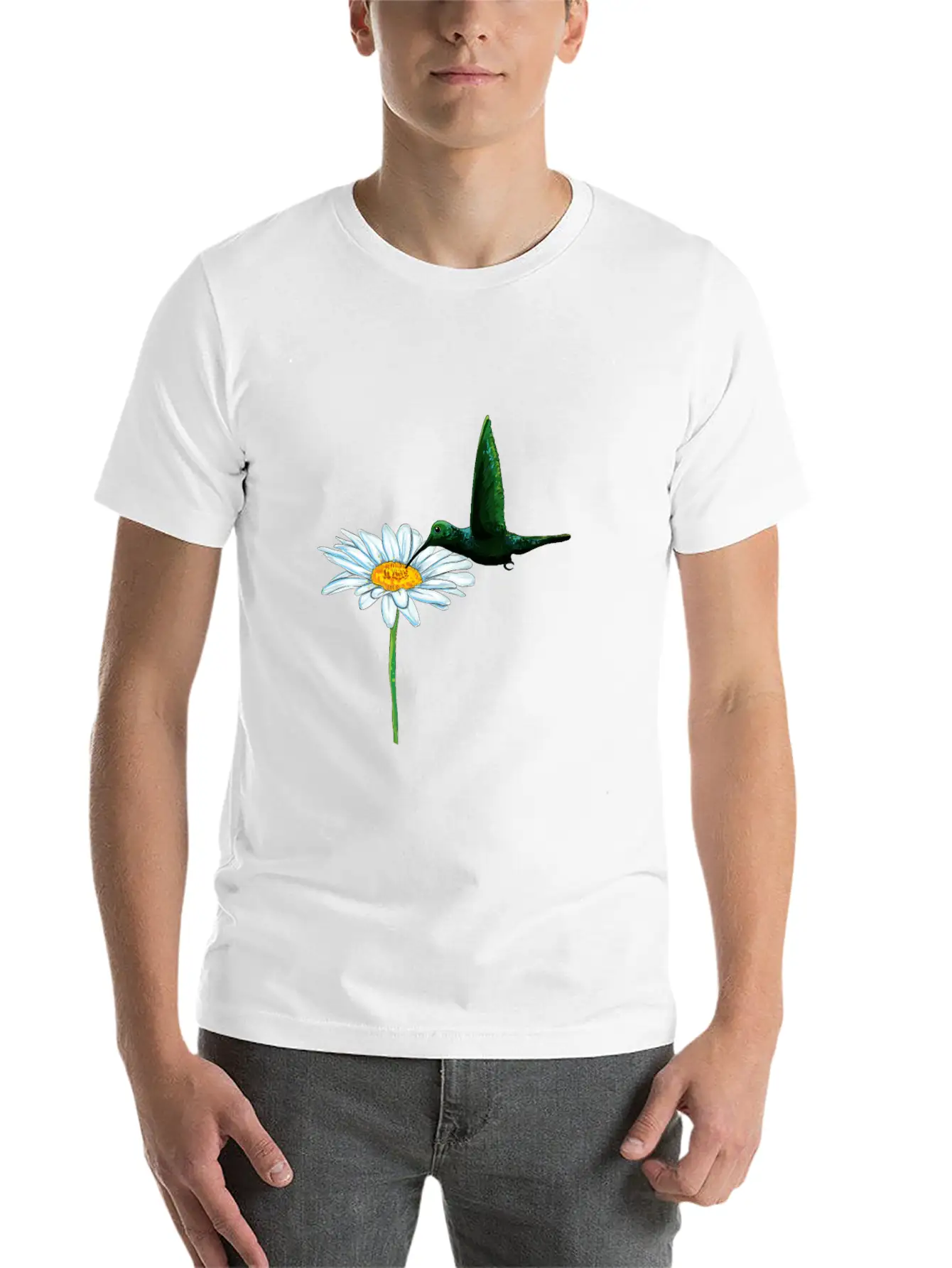 Hummingbird Bird Daisy Motif Stylish Everyday T-Shirt – Unisex Basic Cotton Tee