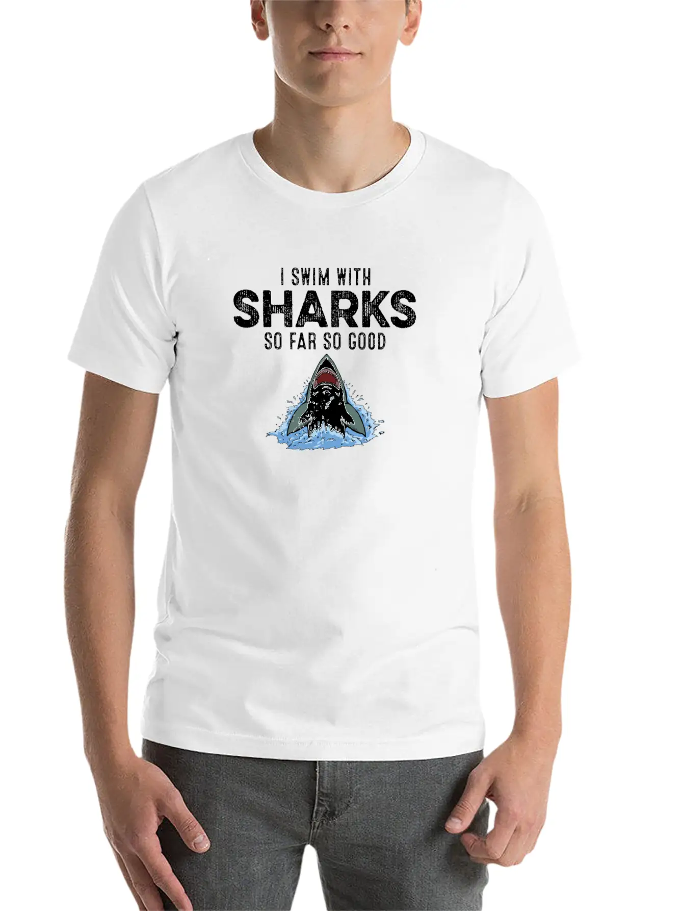 I Swim With Sharks So Far So Good Funny Humor Joke Unisex Short Sleeve Soft Cotton T-Shirt – Casual Everyday Wear