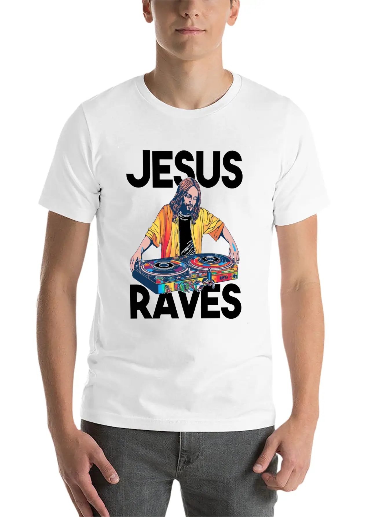 Jesus Raves DJ Rave Techno EDM Party Festival Basic Graphic T-Shirt – Daily Comfort In Soft Cotton