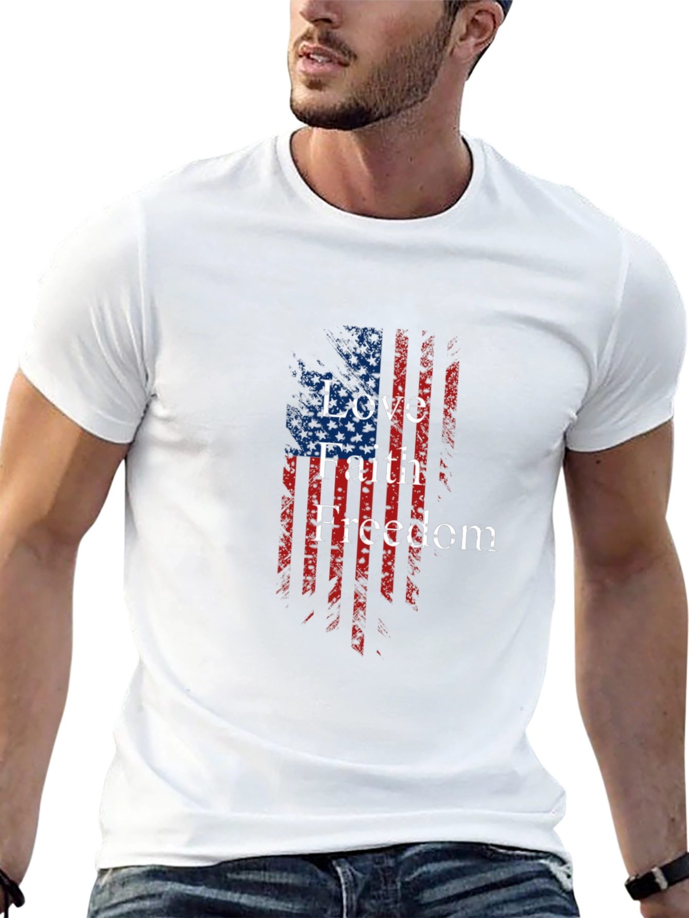 Patriotic Love Faith Freedom USA Flag Graphic T-Shirt