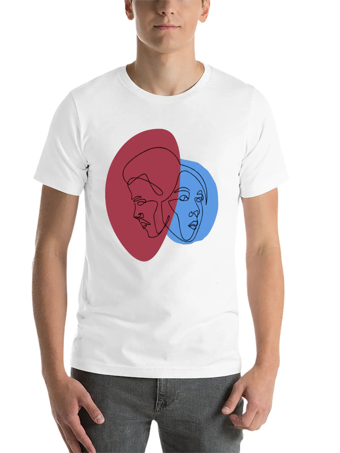 Line Art Lovers Face | Line Art Minimal Faces Unisex Short Sleeve Soft Cotton T-Shirt – Casual Everyday Wear