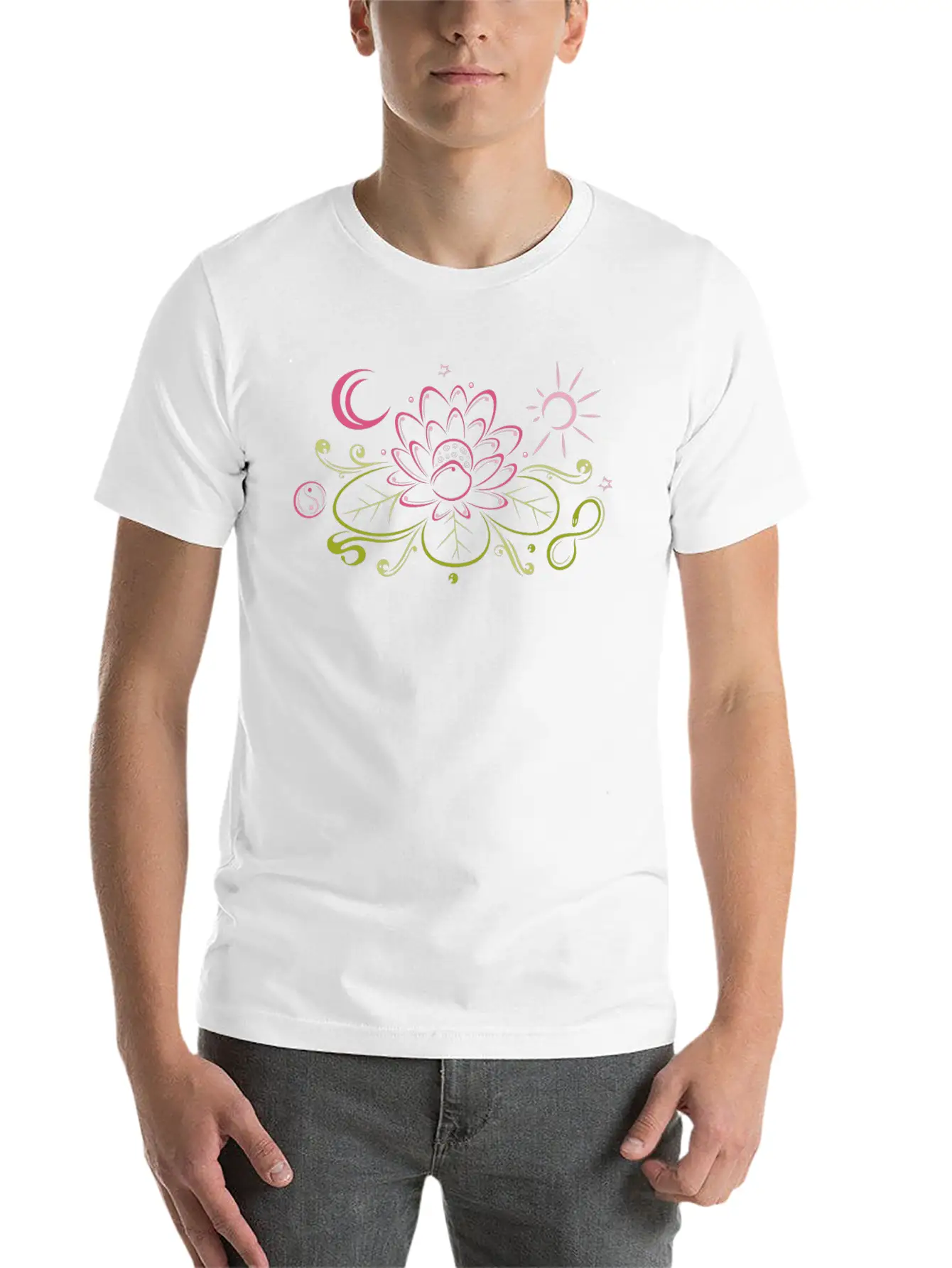 Lotus With Moon, Yin Yang And Sun Timeless Short Sleeve Tee – Comfy And Minimalist Design