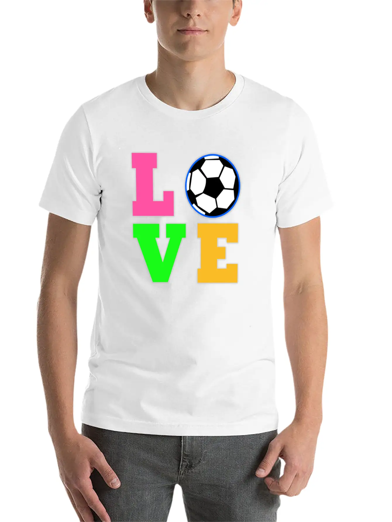 Love Soccer Neon Rhinestuds Unisex Short Sleeve Soft Cotton T-Shirt – Casual Everyday Wear