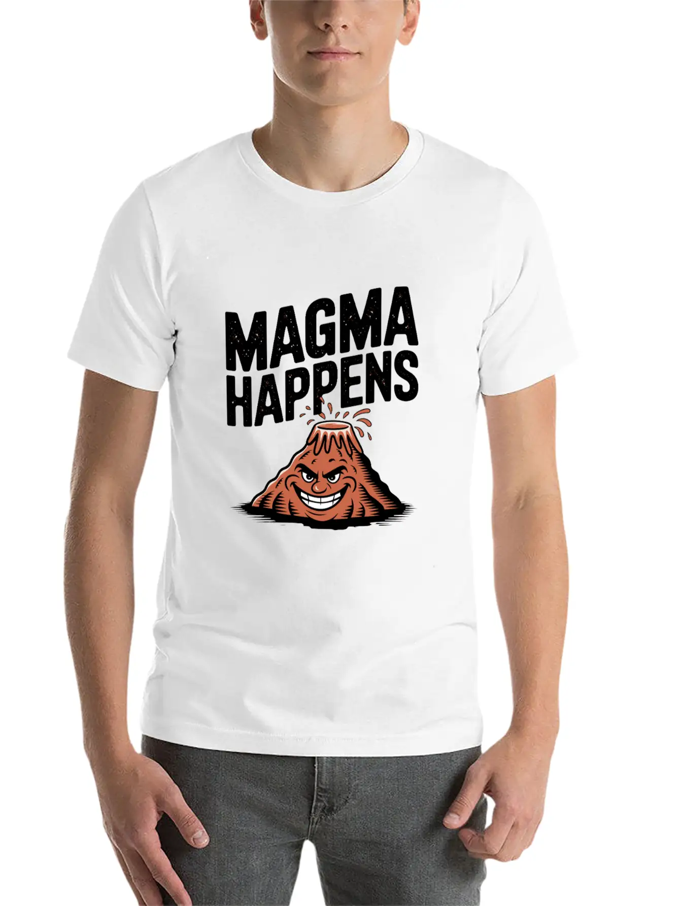 Magma Happens Funny Volcano Cartoon Stylish Everyday T-Shirt – Unisex Basic Cotton Tee