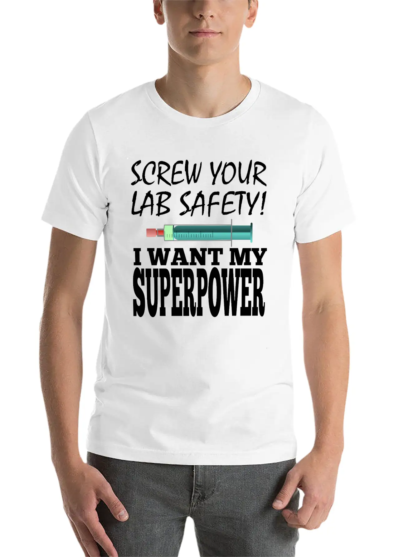 Men Superpower Syringe Health Screw Lab Safety Unisex Short Sleeve Soft Cotton T-Shirt – Casual Everyday Wear