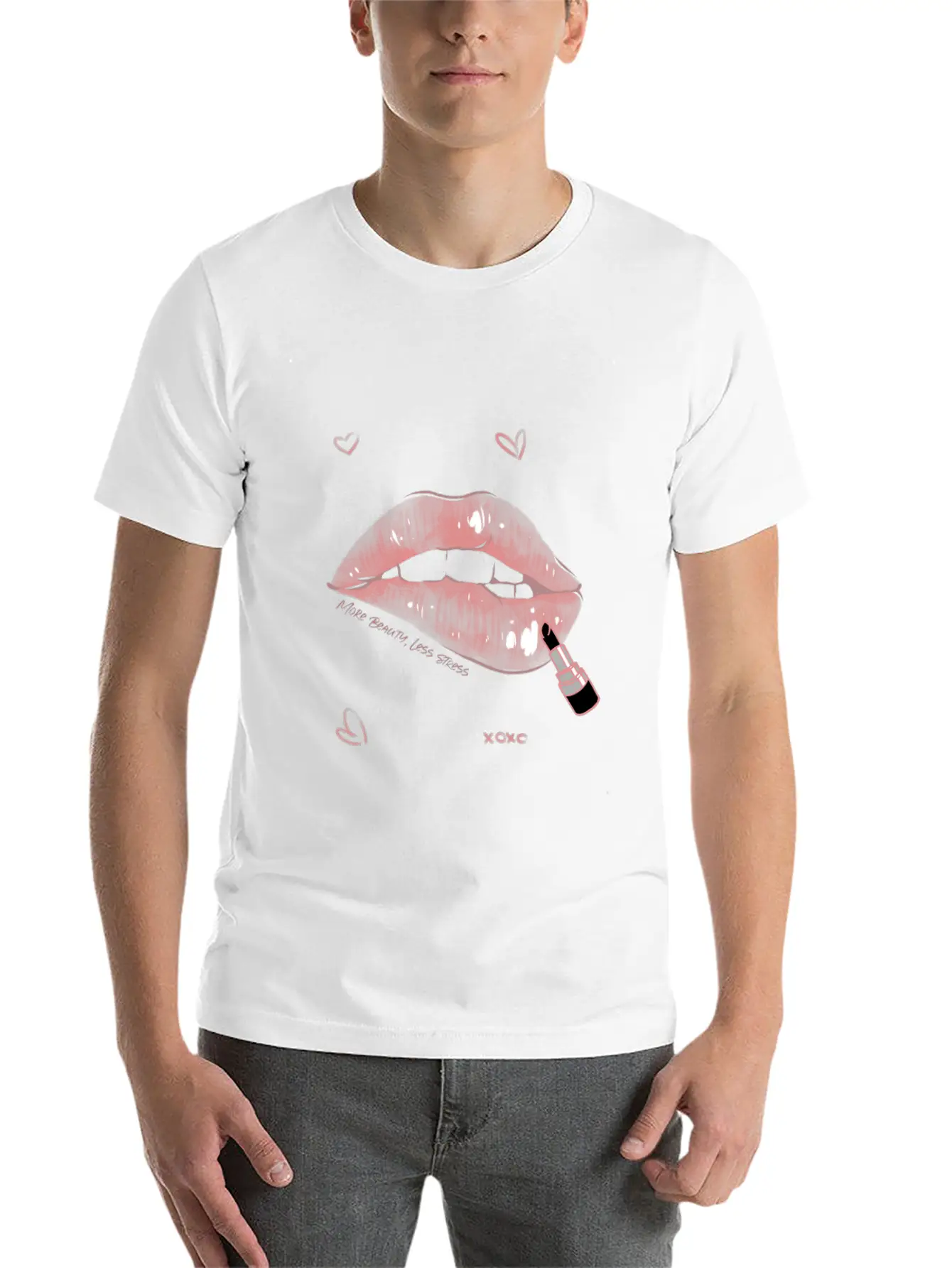 More Beauty, Less Stress Lip Design Unisex Short Sleeve Soft Cotton T-Shirt – Casual Everyday Wear
