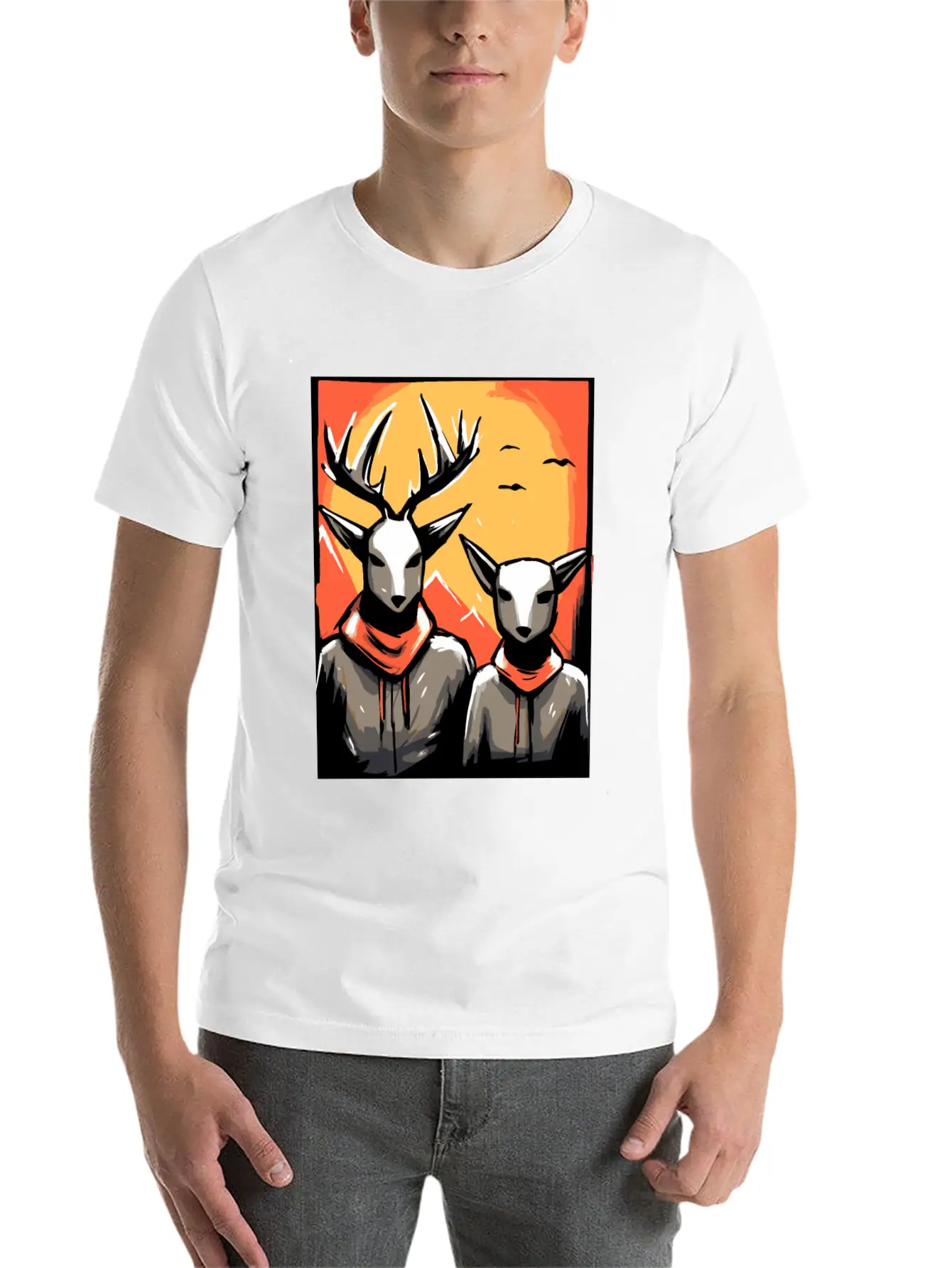 Nature And A Couple Of Deer Unisex Short Sleeve Soft Cotton T-Shirt – Casual Everyday Wear