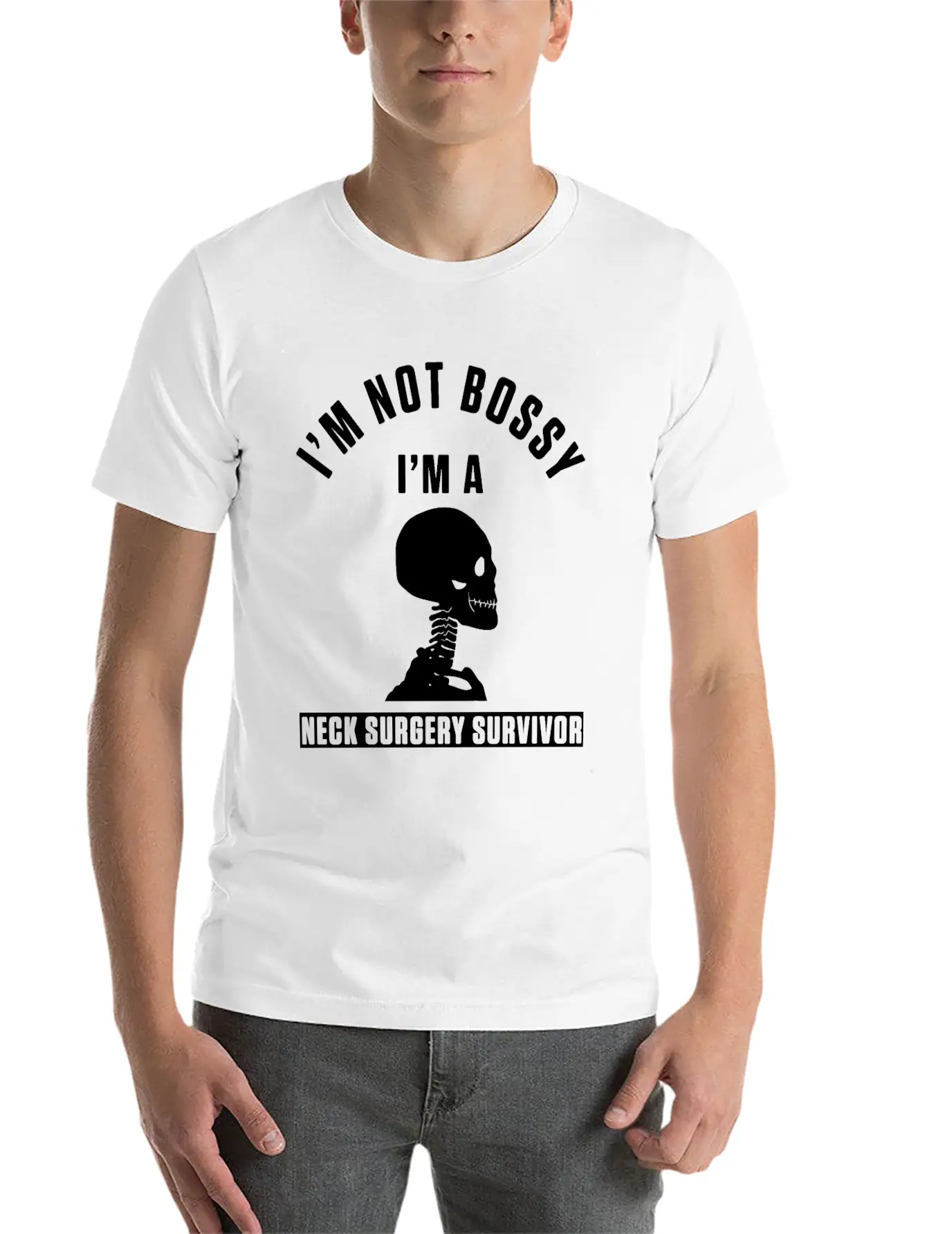 Neck Surgery Bossy Implant Survivor Recovery Stylish Everyday T-Shirt – Unisex Basic Cotton Tee