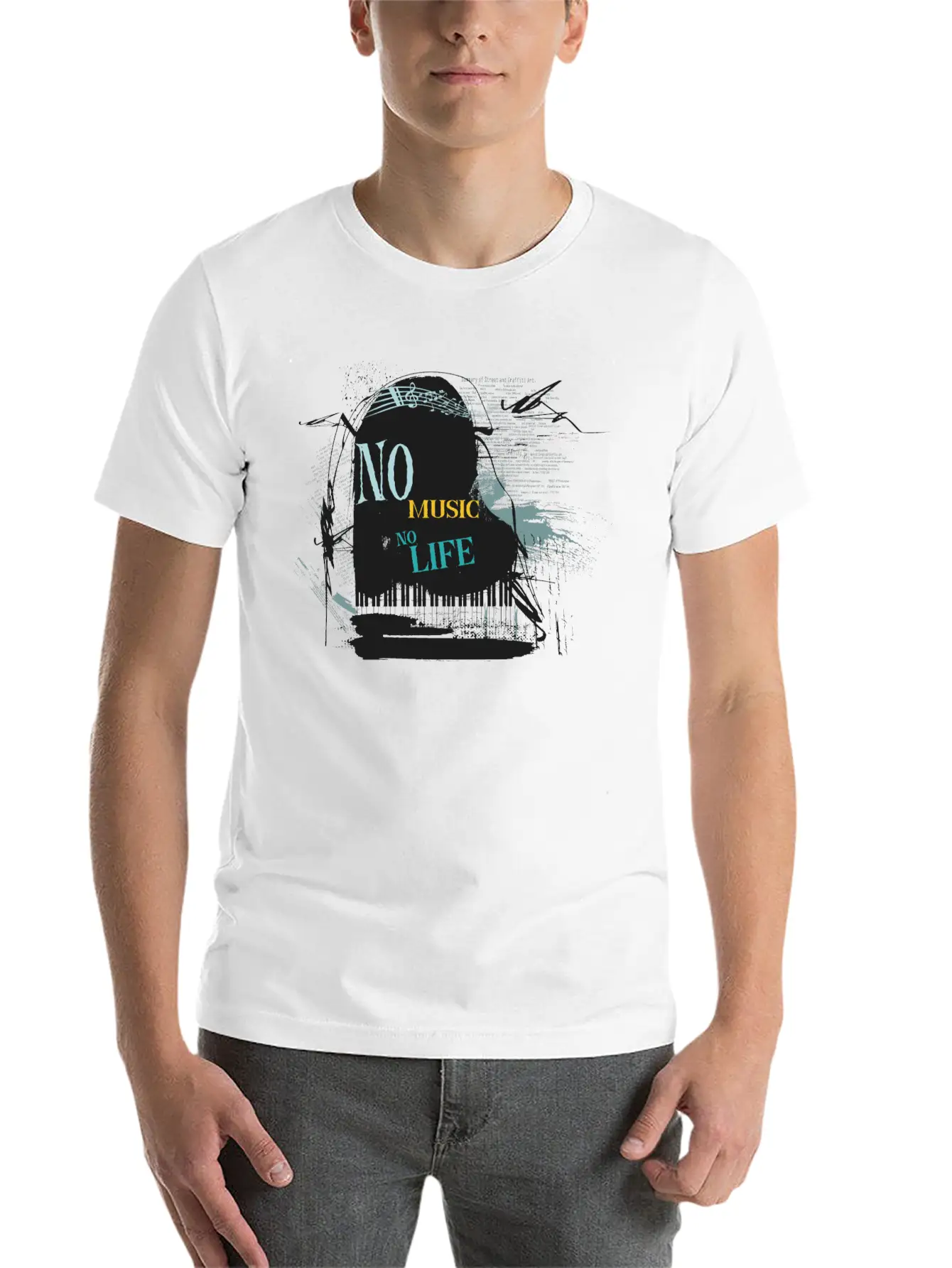 No Music No Life Vintage Classical Piano Grunge Stylish Everyday T-Shirt – Unisex Basic Cotton Tee