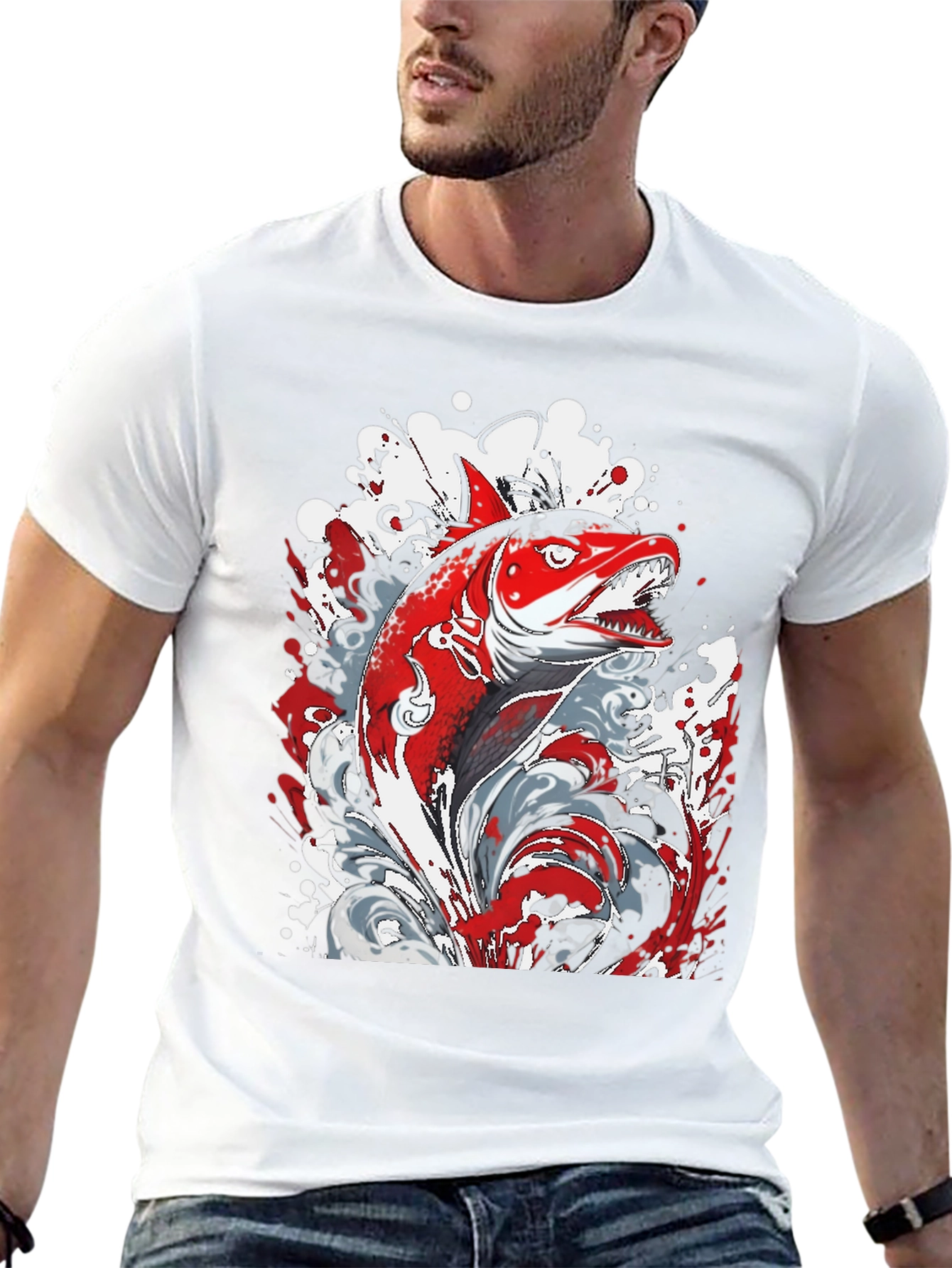 Red Fish Graphic Print Black T-Shirt