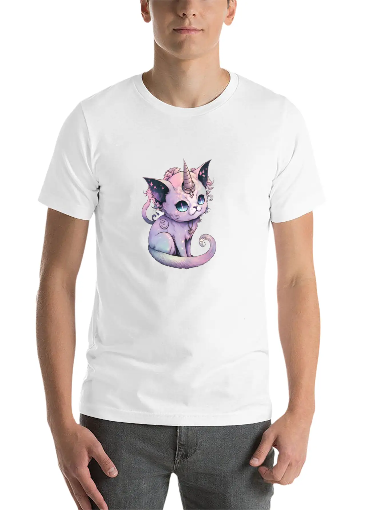 Pastel Goth Demon Caticorn Illustration Stylish Everyday T-Shirt – Unisex Basic Cotton Tee