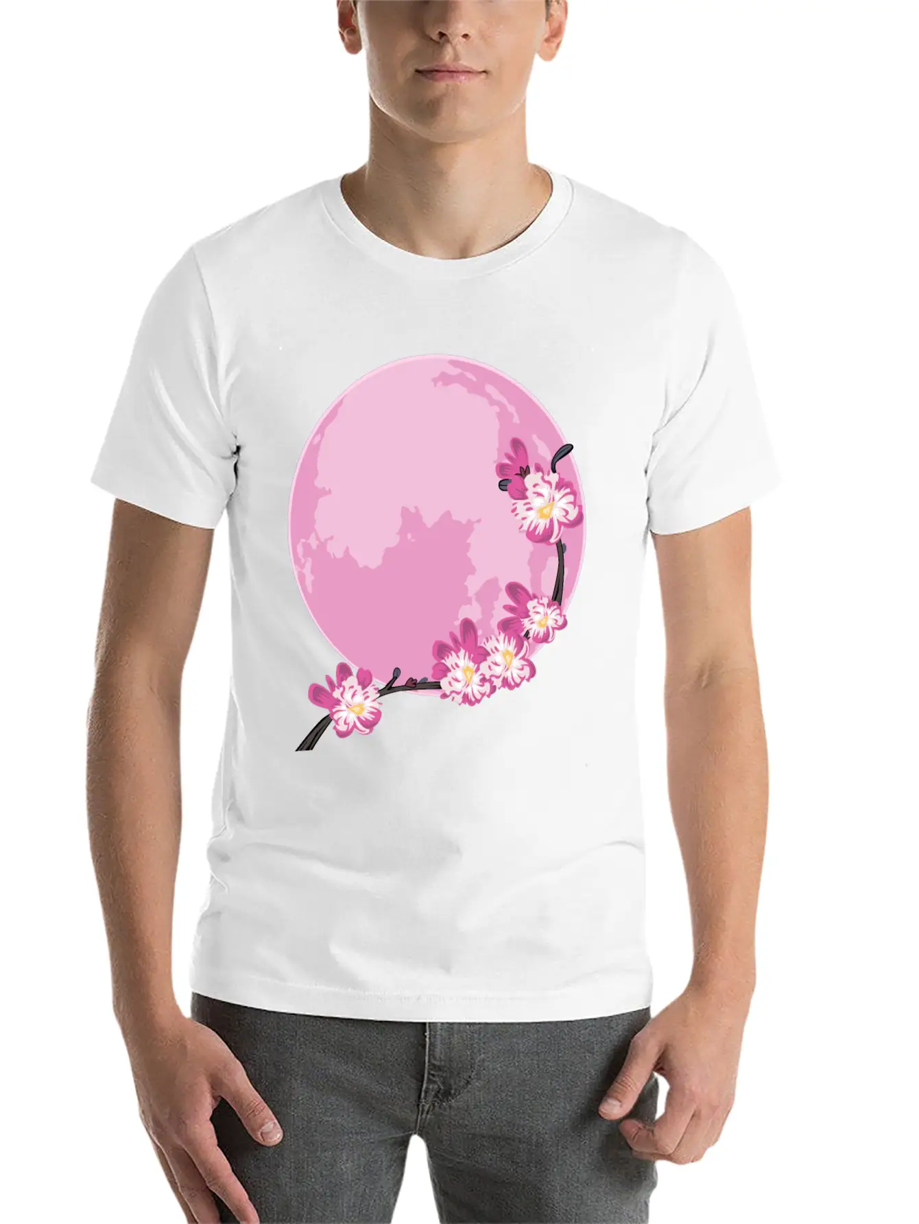 Pink Moon Sakura Flowers Japanese Cherry Blossom Unisex Short Sleeve Soft Cotton T-Shirt – Casual Everyday Wear