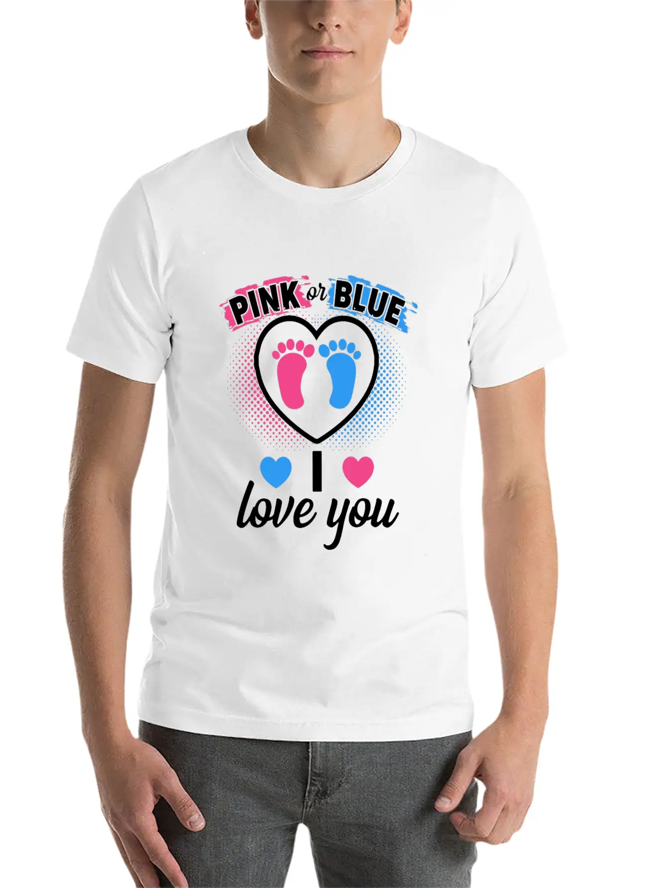 Pink Or Blue I Love You Gender Reveal Baby Shower Stylish Everyday T-Shirt – Unisex Basic Cotton Tee