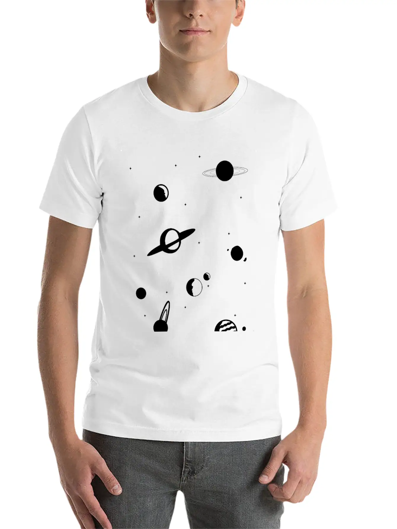 Planets In White Essential Unisex Summer Tee – Soft Cotton Casual Fit
