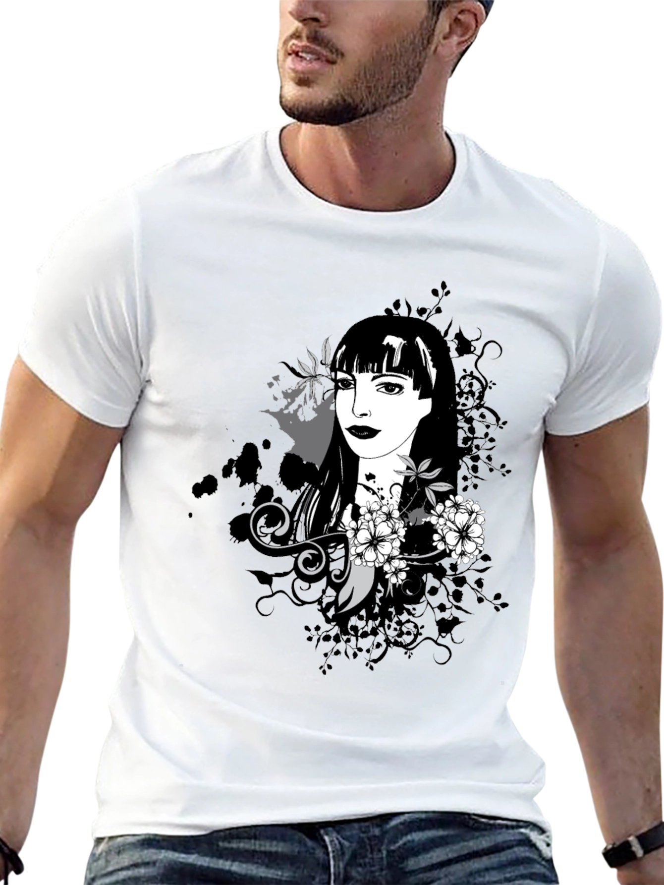 Stylish Black T-Shirt with Floral Portrait Design