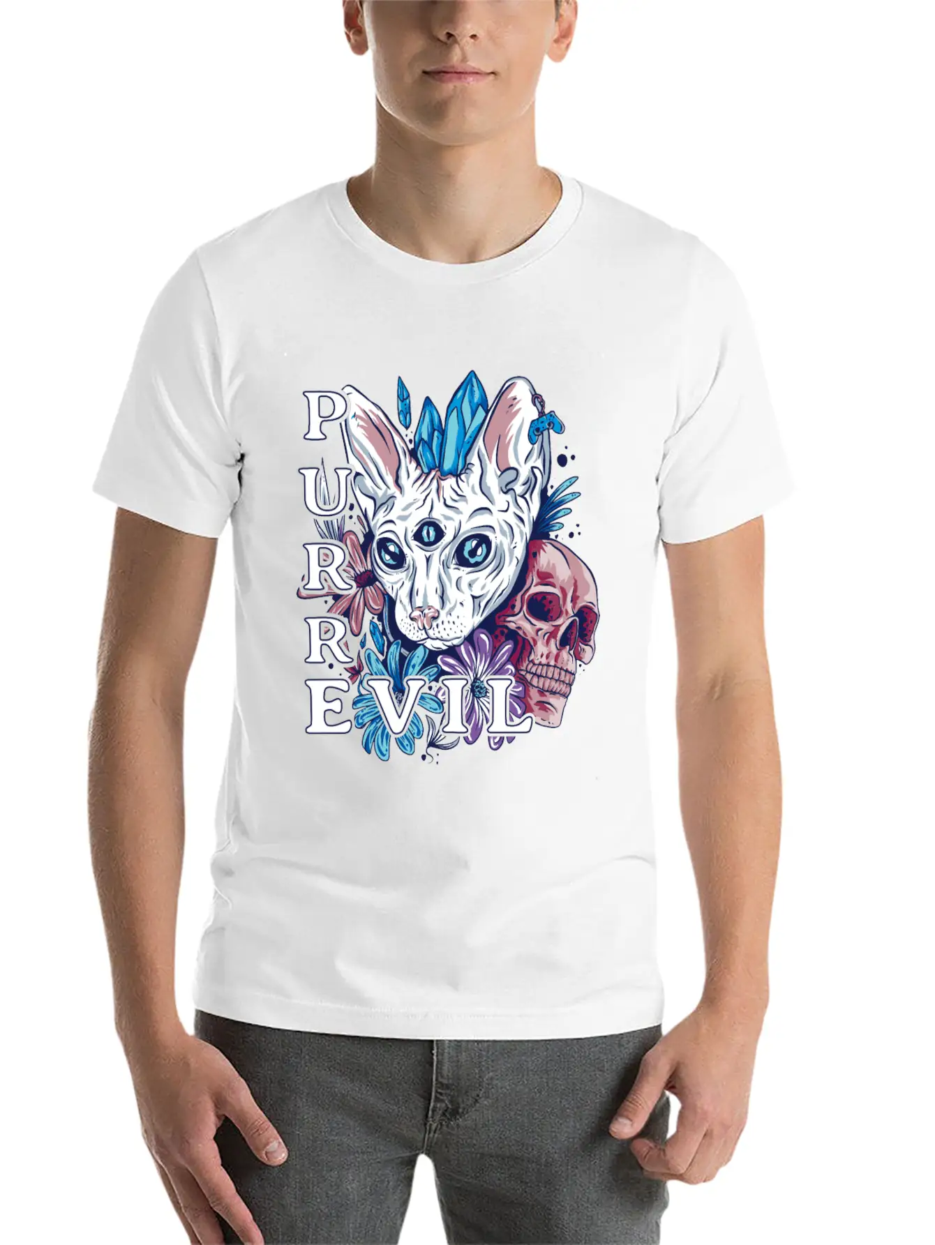 Purr Evil Cat, Gothic Sphynx Cat Comfortable Minimalist Graphic Tee – Summer Style Essential