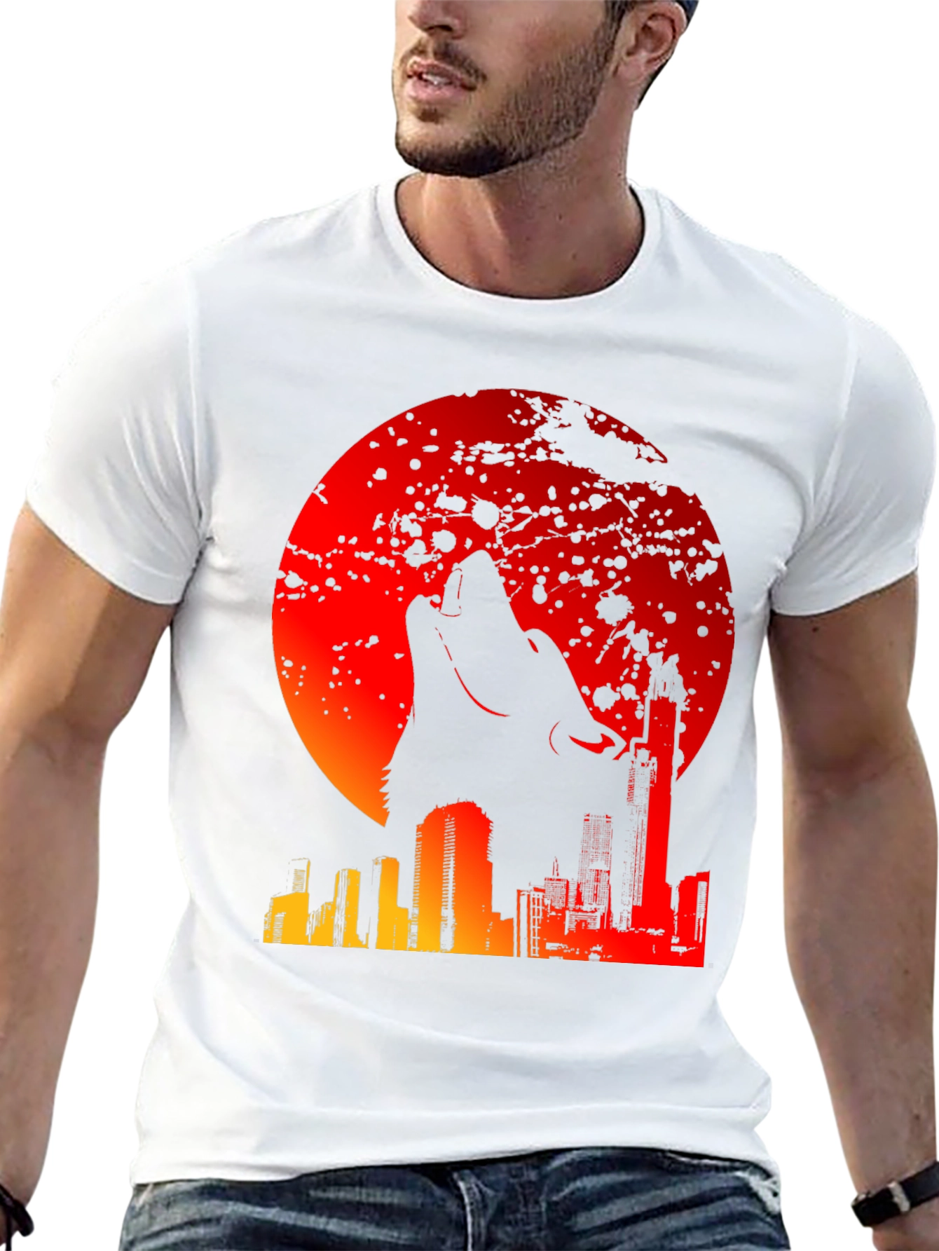 Wolf Moon Cityscape Graphic Tee - Mens Black T-Shirt