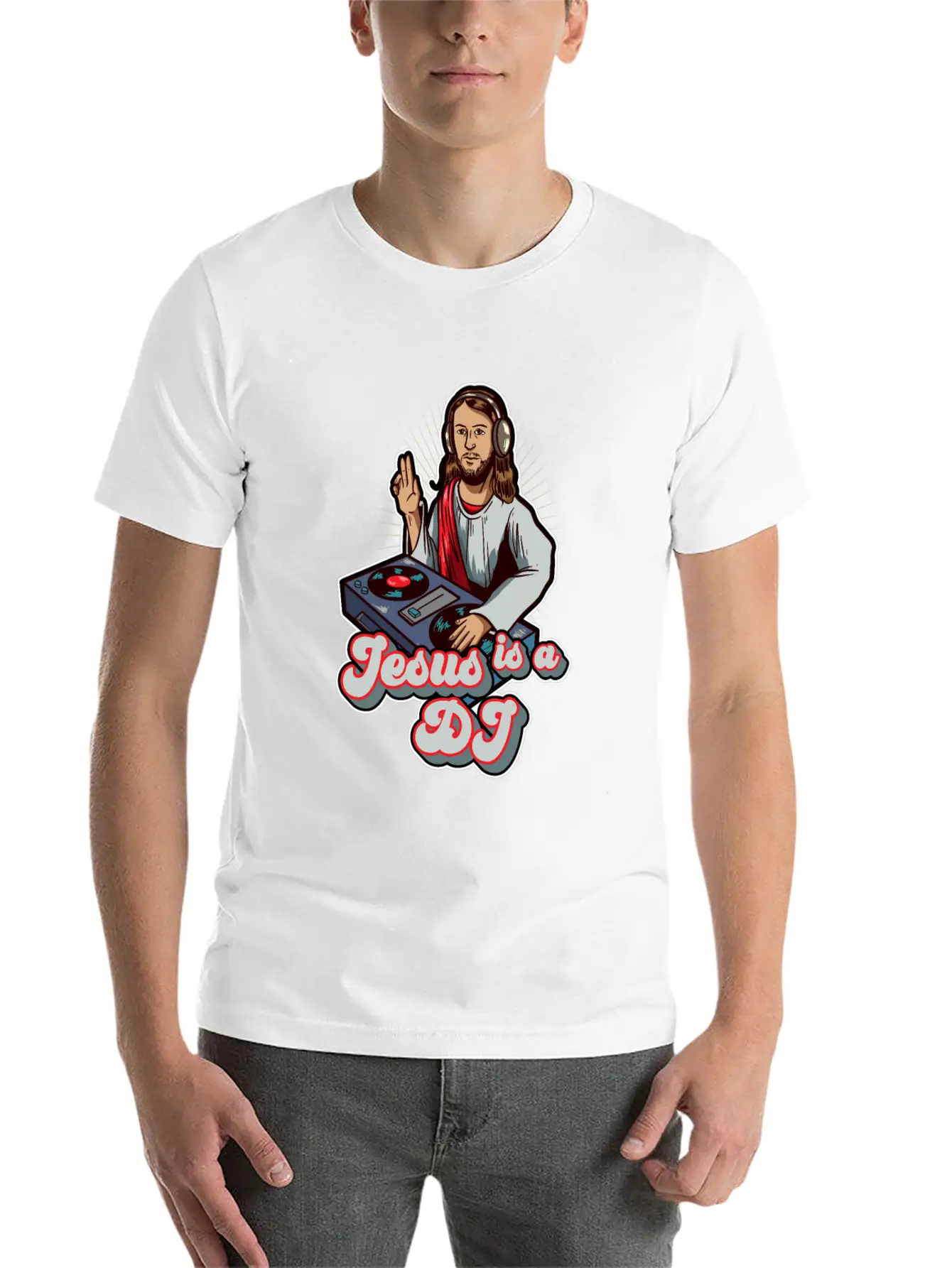 Retro Jesus Is A DJ Mixer Music Turntable Gift Stylish Everyday T-Shirt – Unisex Basic Cotton Tee