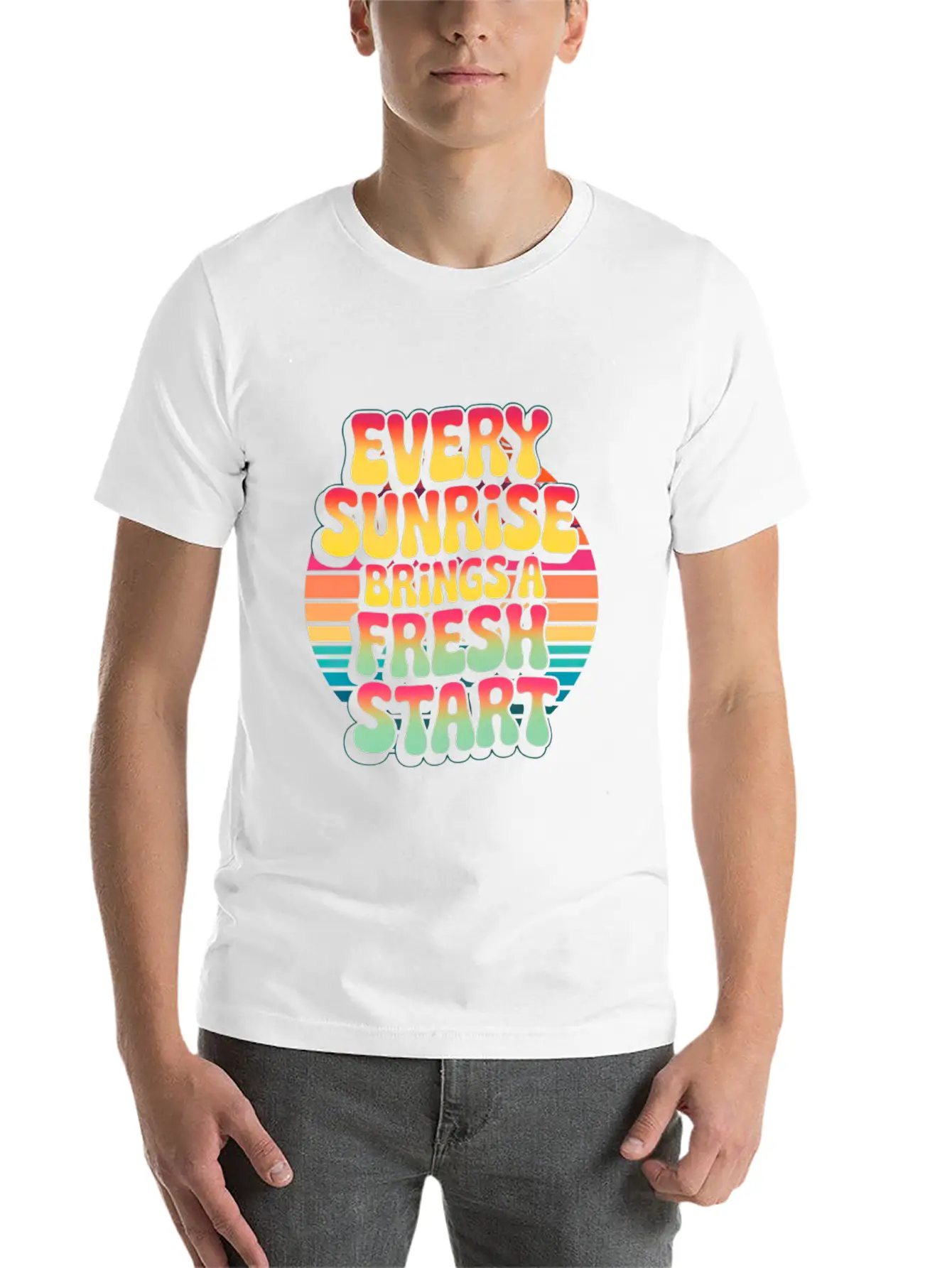 Retro Sunrise Fresh Start Quote Design Essential Unisex Summer Tee – Soft Cotton Casual Fit