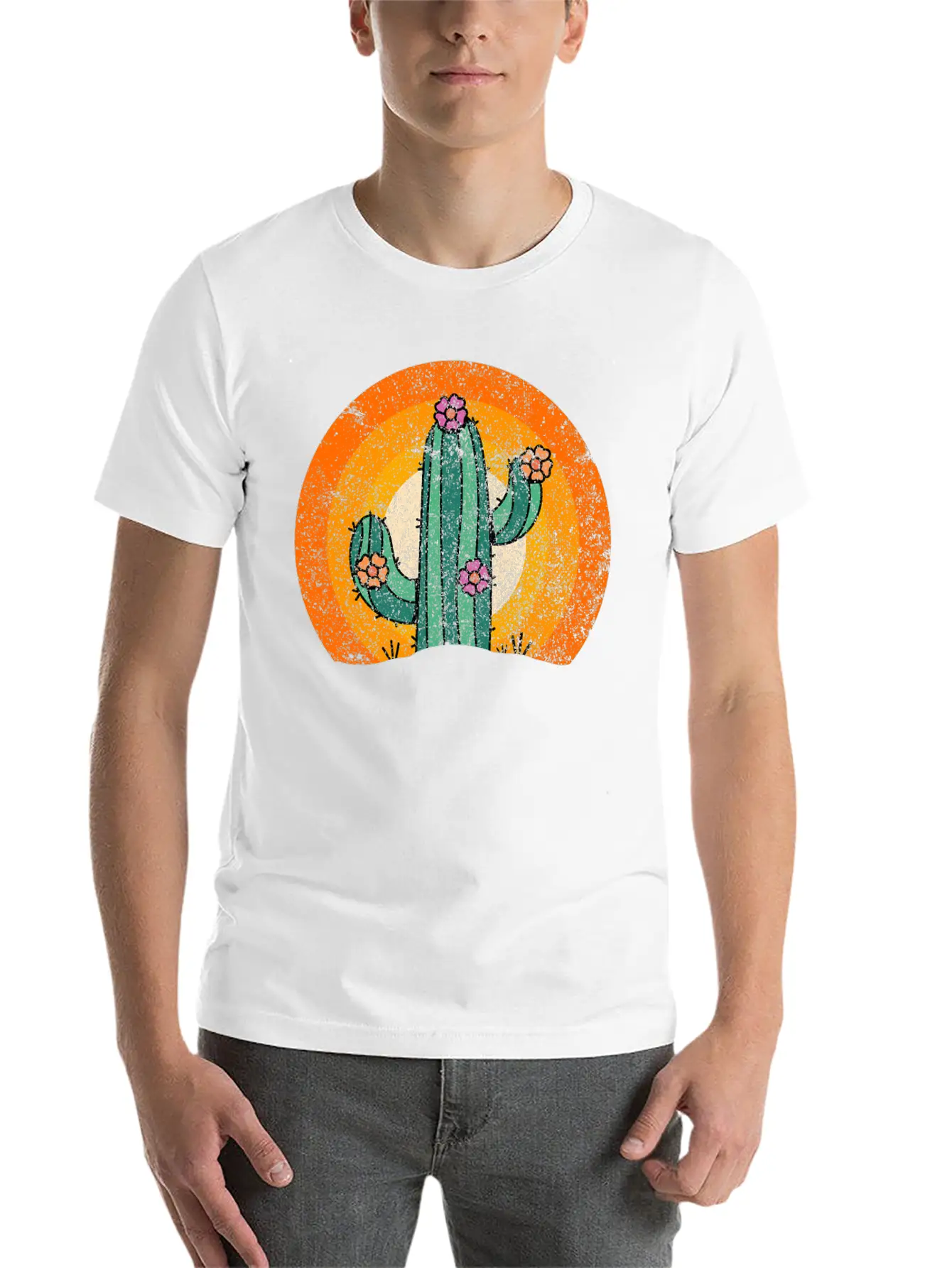 Retro Vintage Cactus Cactus Sunset Desert Unisex Short Sleeve Soft Cotton T-Shirt – Casual Everyday Wear