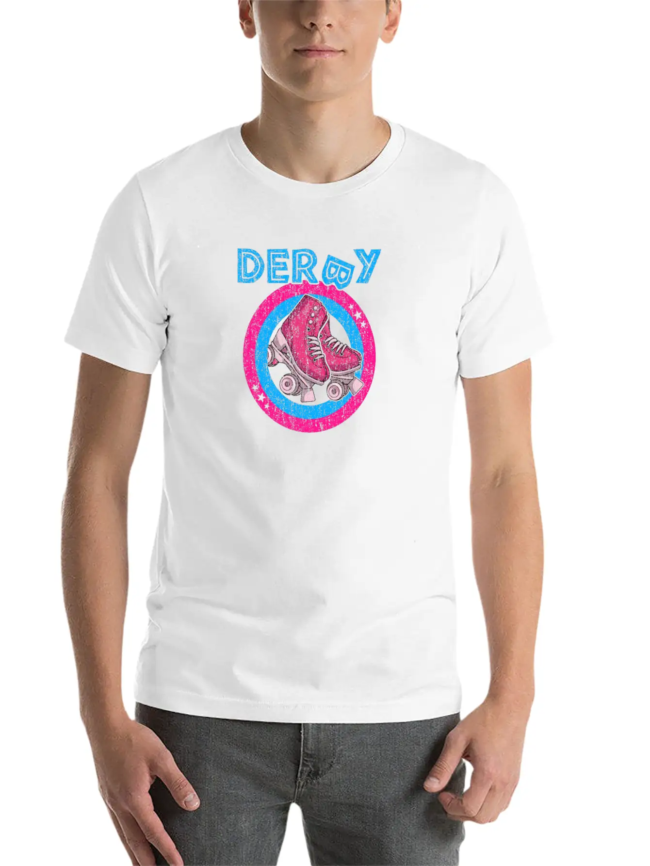 Roller Derby Girl 80s Skate Disco - Hot Pink & Unisex Short Sleeve Soft Cotton T-Shirt – Casual Everyday Wear