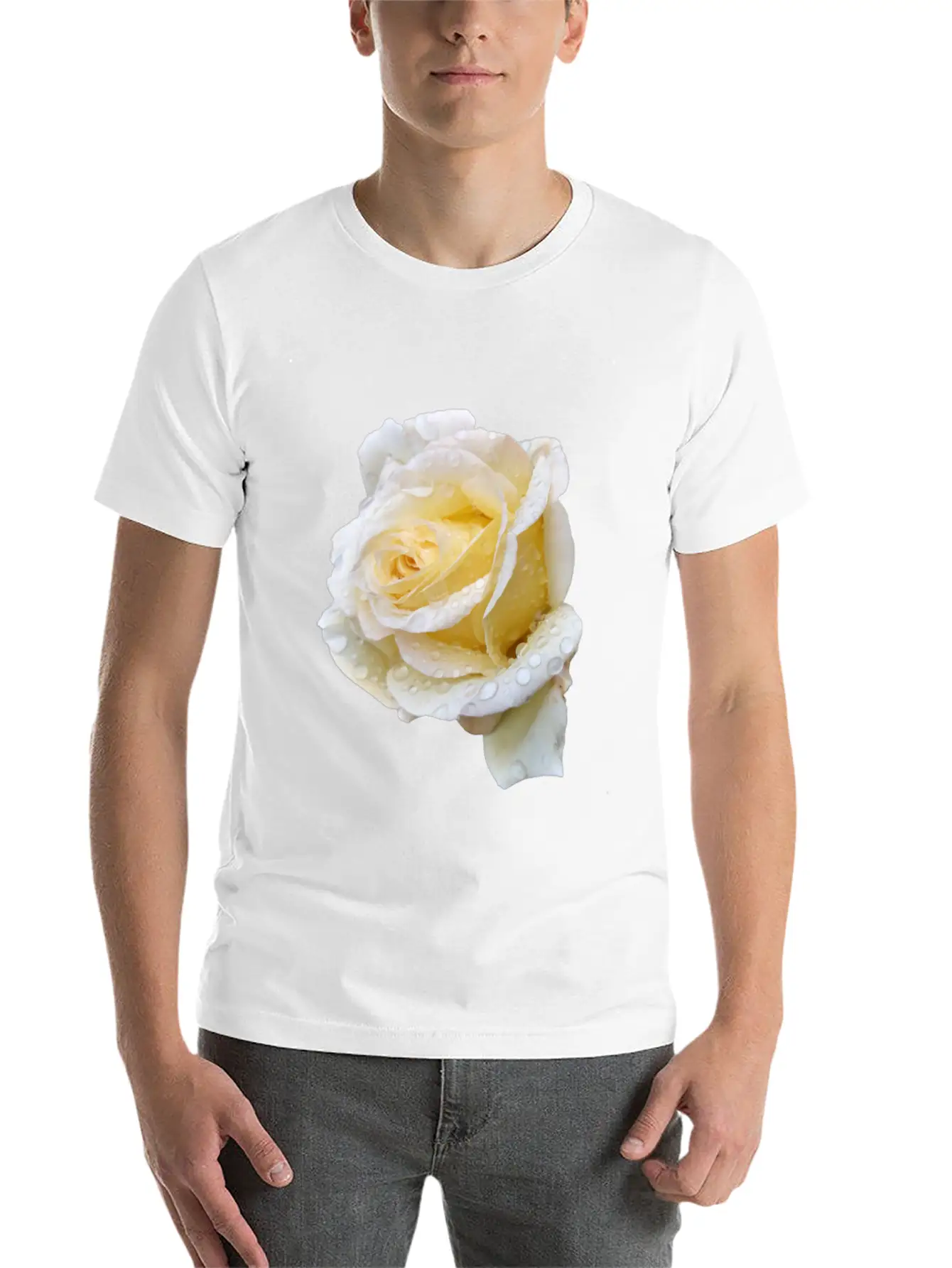 Romantic White Rose In The Rain Essential Unisex Summer Tee – Soft Cotton Casual Fit