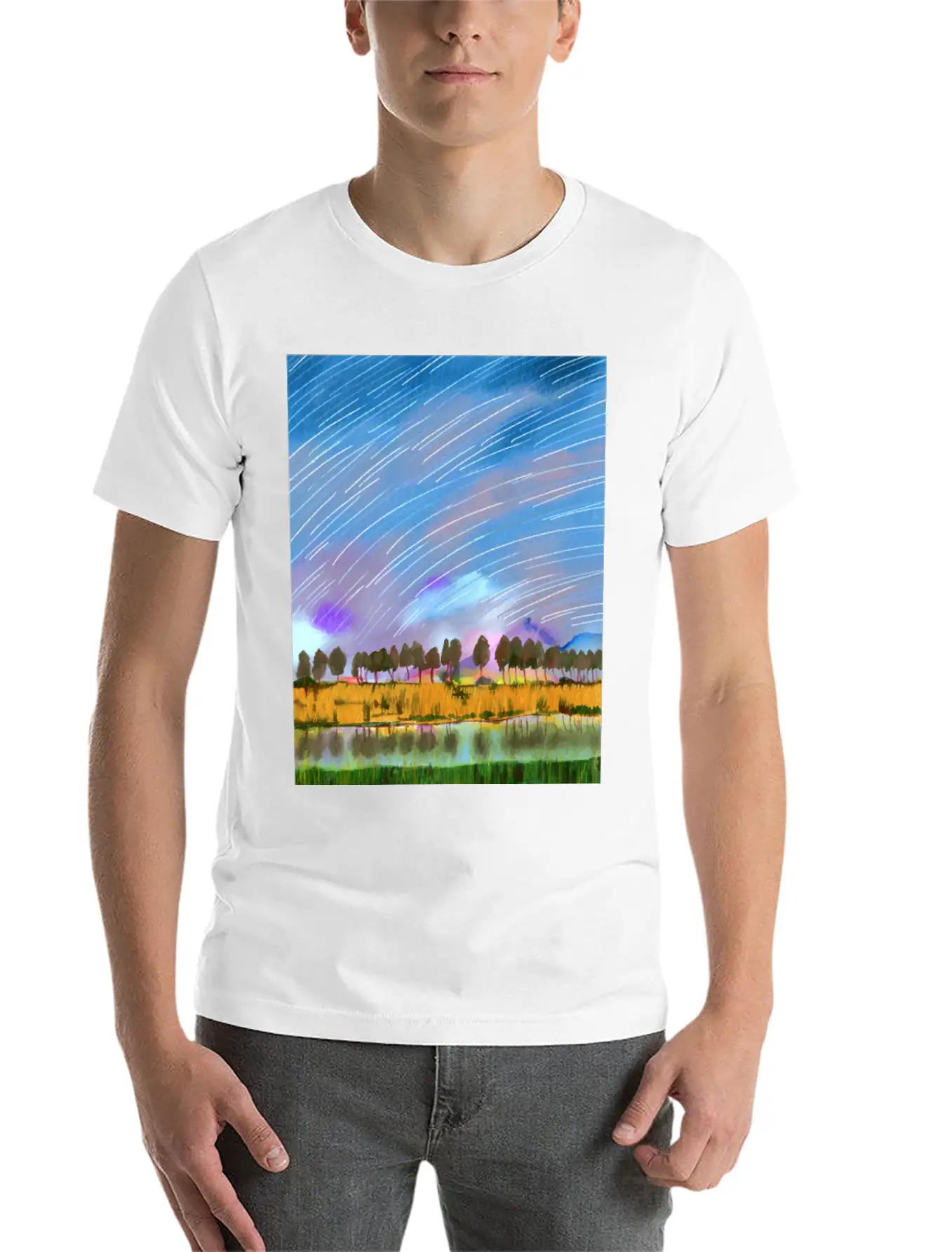 Rural Scene With Star Trails Landscape Watercolor Stylish Everyday T-Shirt – Unisex Basic Cotton Tee