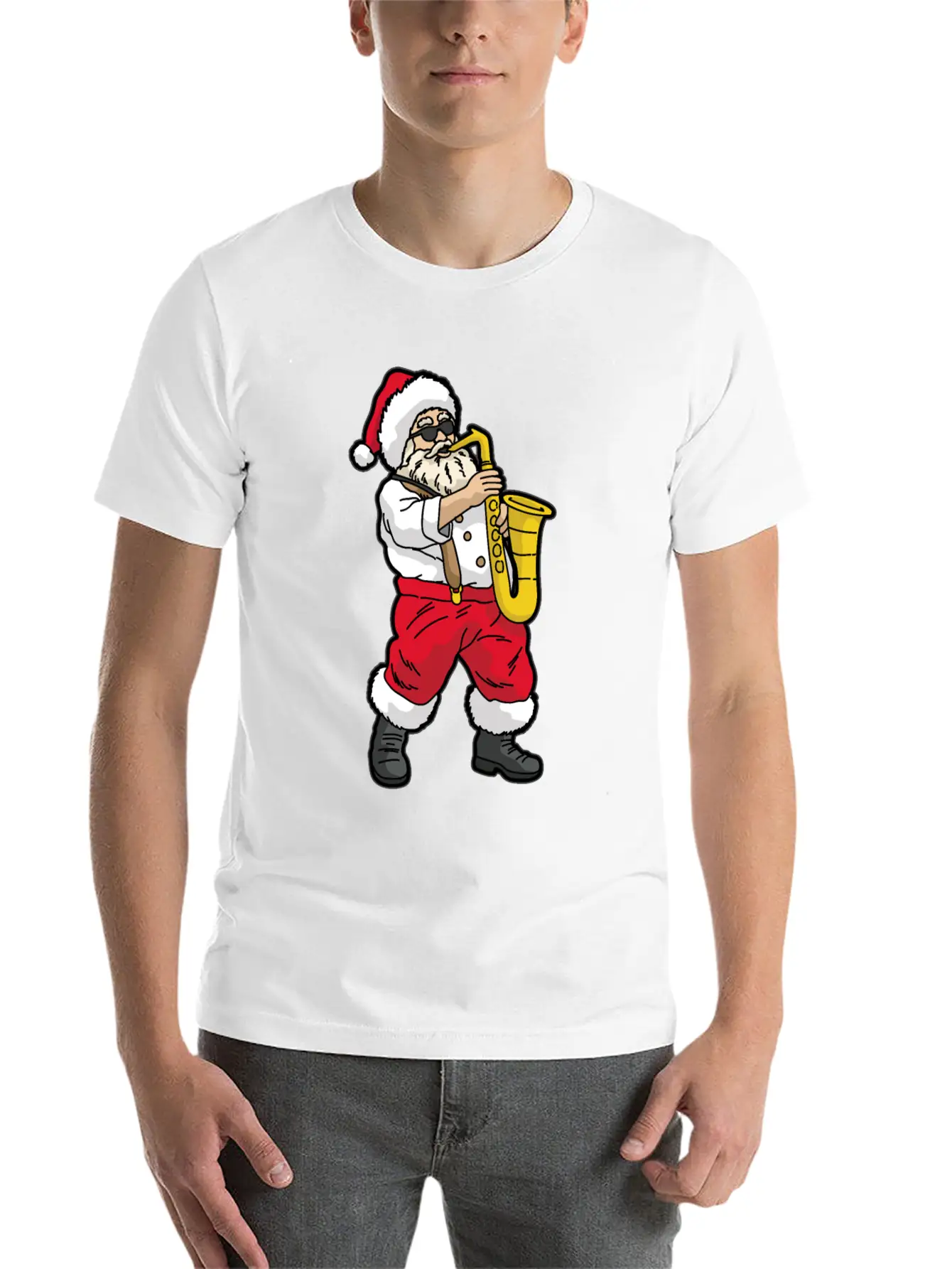 SANTA Playing SAXOPHONE Unisex Short Sleeve Soft Cotton T-Shirt – Casual Everyday Wear