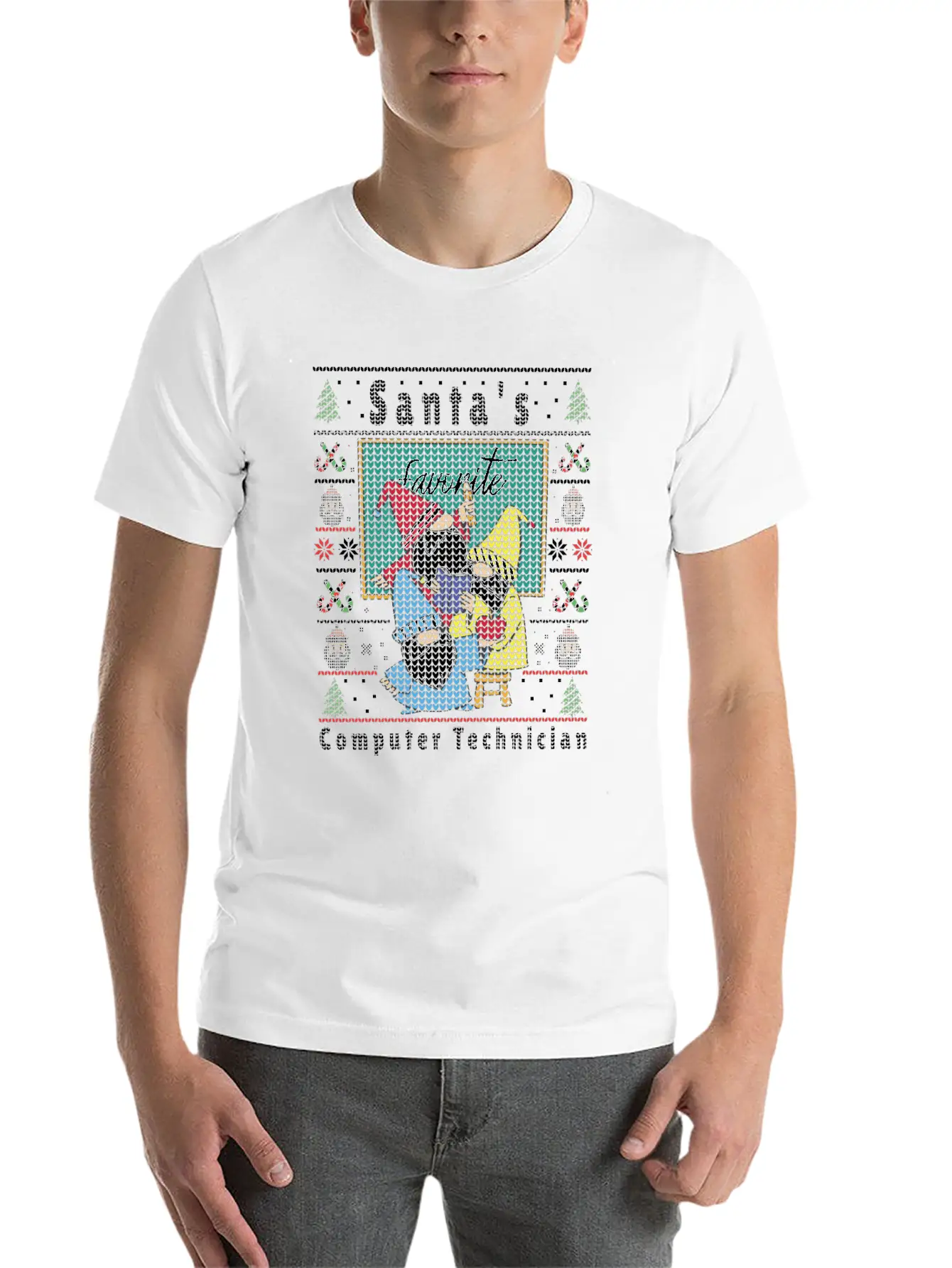 Santas Elfs Ugly Christmas Computer-Technician Basic Graphic T-Shirt – Daily Comfort In Soft Cotton