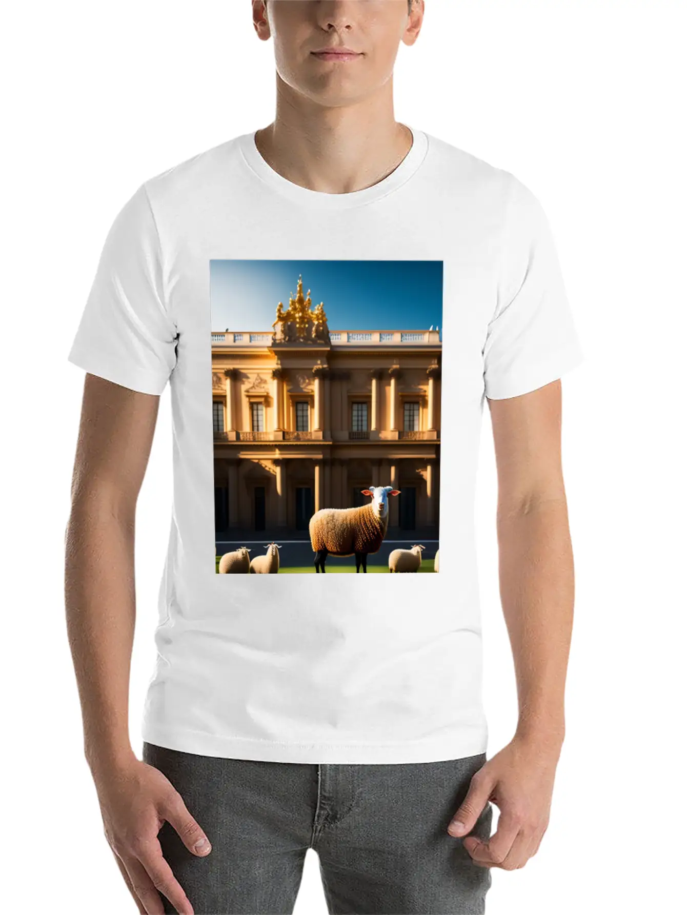 Sheep In Baroque Armor In Front Of Palace Made Of Comfortable Minimalist Graphic Tee – Summer Style Essential