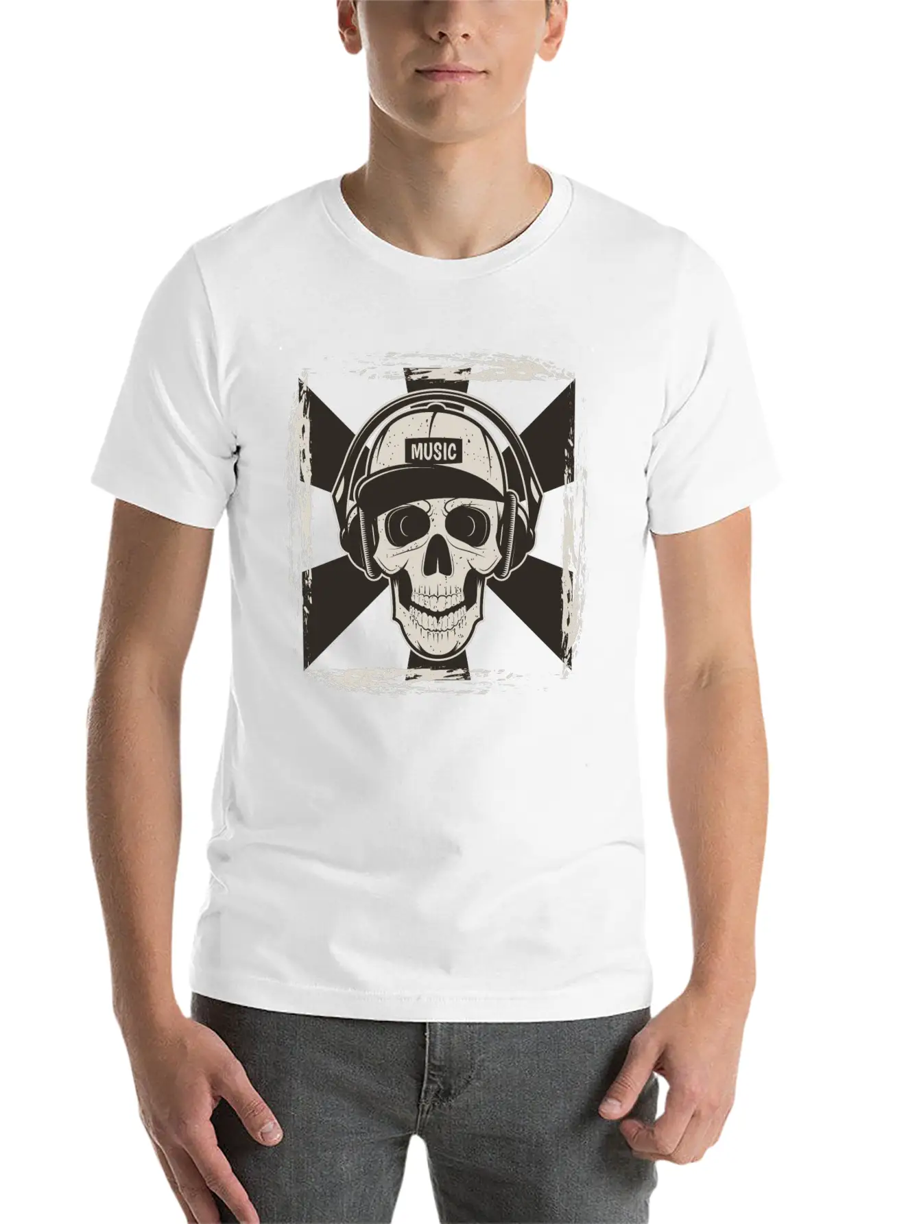 Skull Music I Like Music Happy Song Design Drawing Stylish Everyday T-Shirt – Unisex Basic Cotton Tee