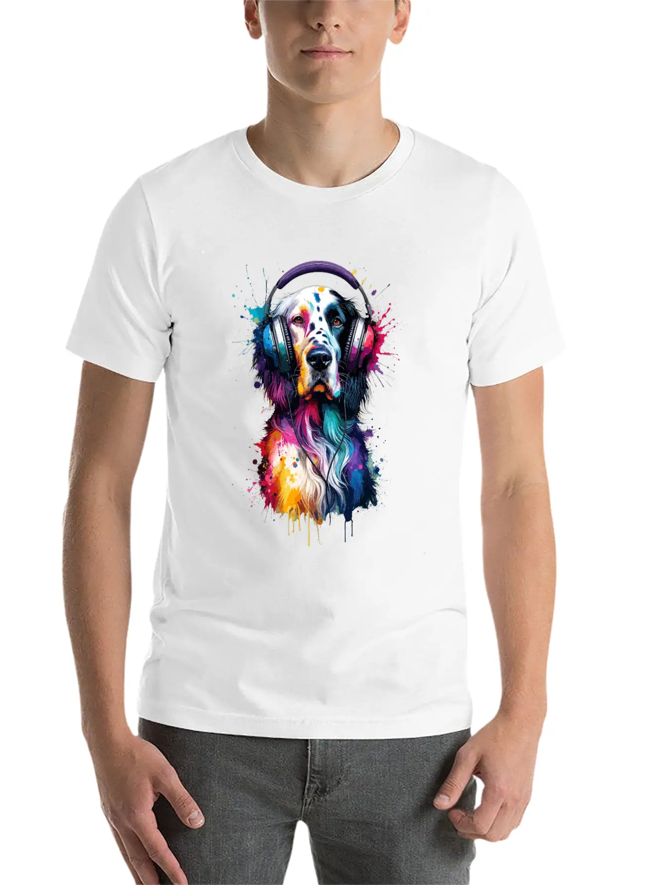 Splash Art Headphones English Setter Laverack Unisex Short Sleeve Soft Cotton T-Shirt – Casual Everyday Wear