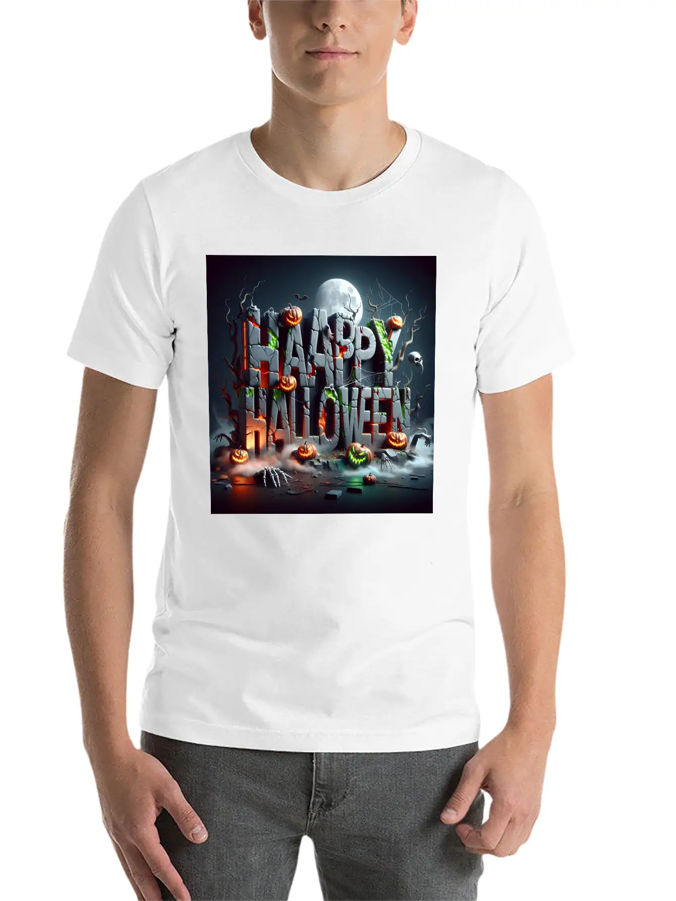 Spooky 3D Happy Halloween Stone Blocks Unisex Short Sleeve Soft Cotton T-Shirt – Casual Everyday Wear