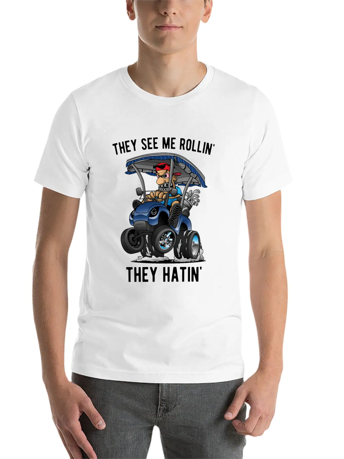 They See Me Rollin' They Hatin' Golf Cart Cartoon Unisex Short Sleeve Soft Cotton T-Shirt – Casual Everyday Wear