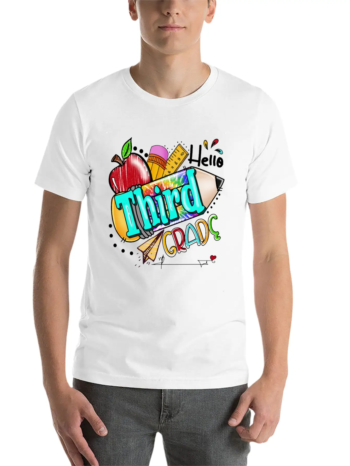 Tie Dye Pencil Hello Third Grade Cute First Day Unisex Short Sleeve Soft Cotton T-Shirt – Casual Everyday Wear