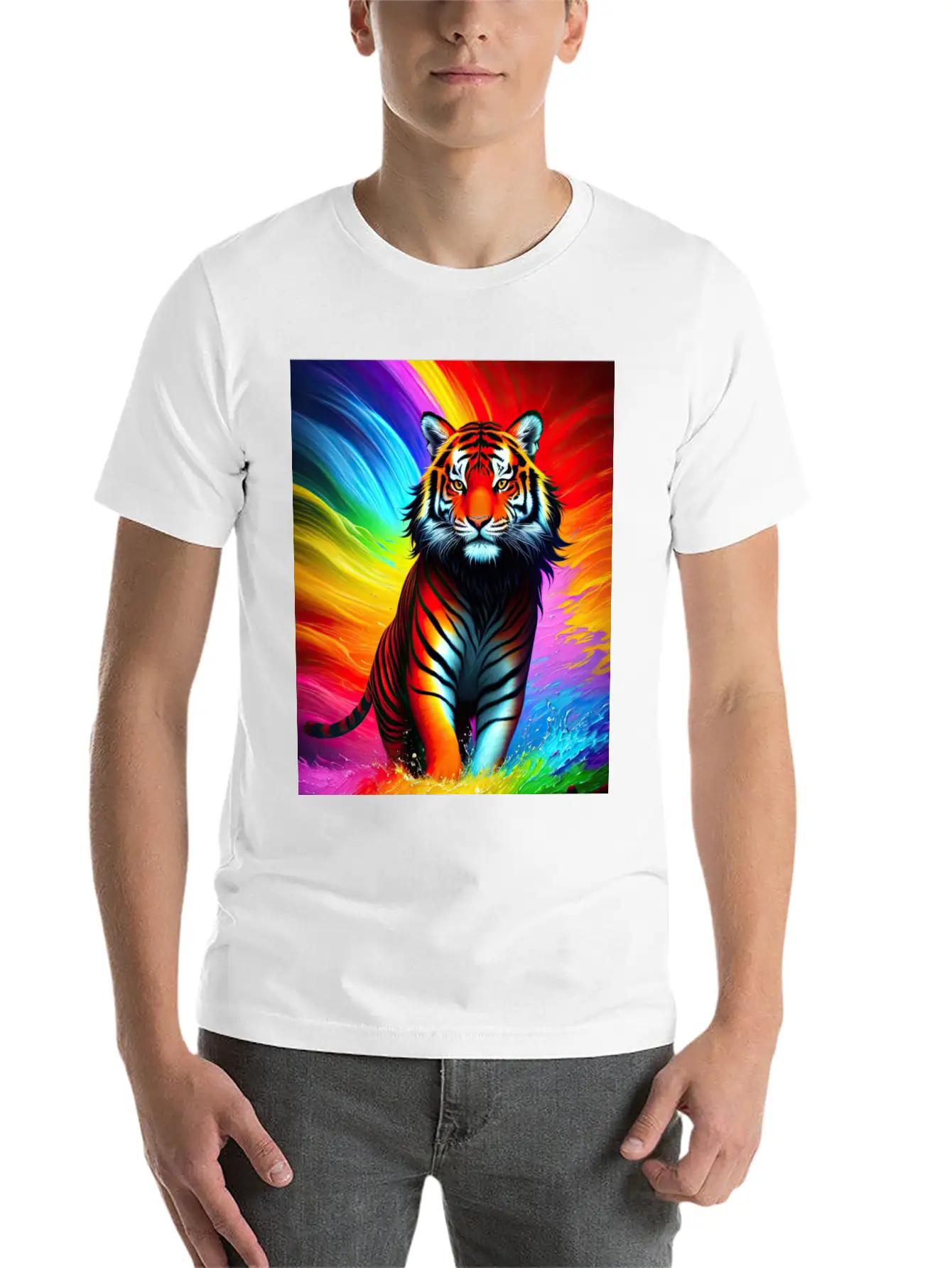 Tiger With Rainbow Splashes Of Colors Basic Graphic T-Shirt – Daily Comfort In Soft Cotton