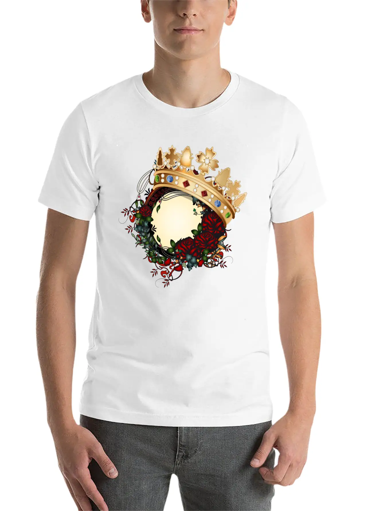 Timeless Rose Art Nouveau Ornament With Crown Unisex Short Sleeve Soft Cotton T-Shirt – Casual Everyday Wear