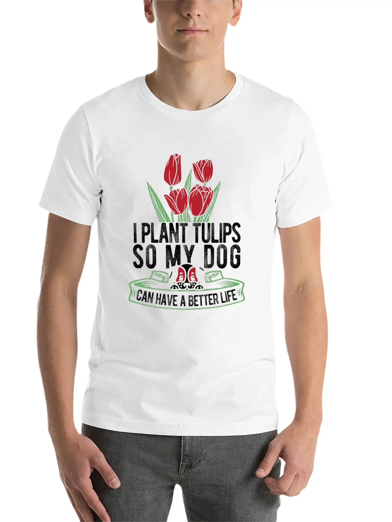 Tulip Gardening Dog Unisex Short Sleeve Soft Cotton T-Shirt – Casual Everyday Wear