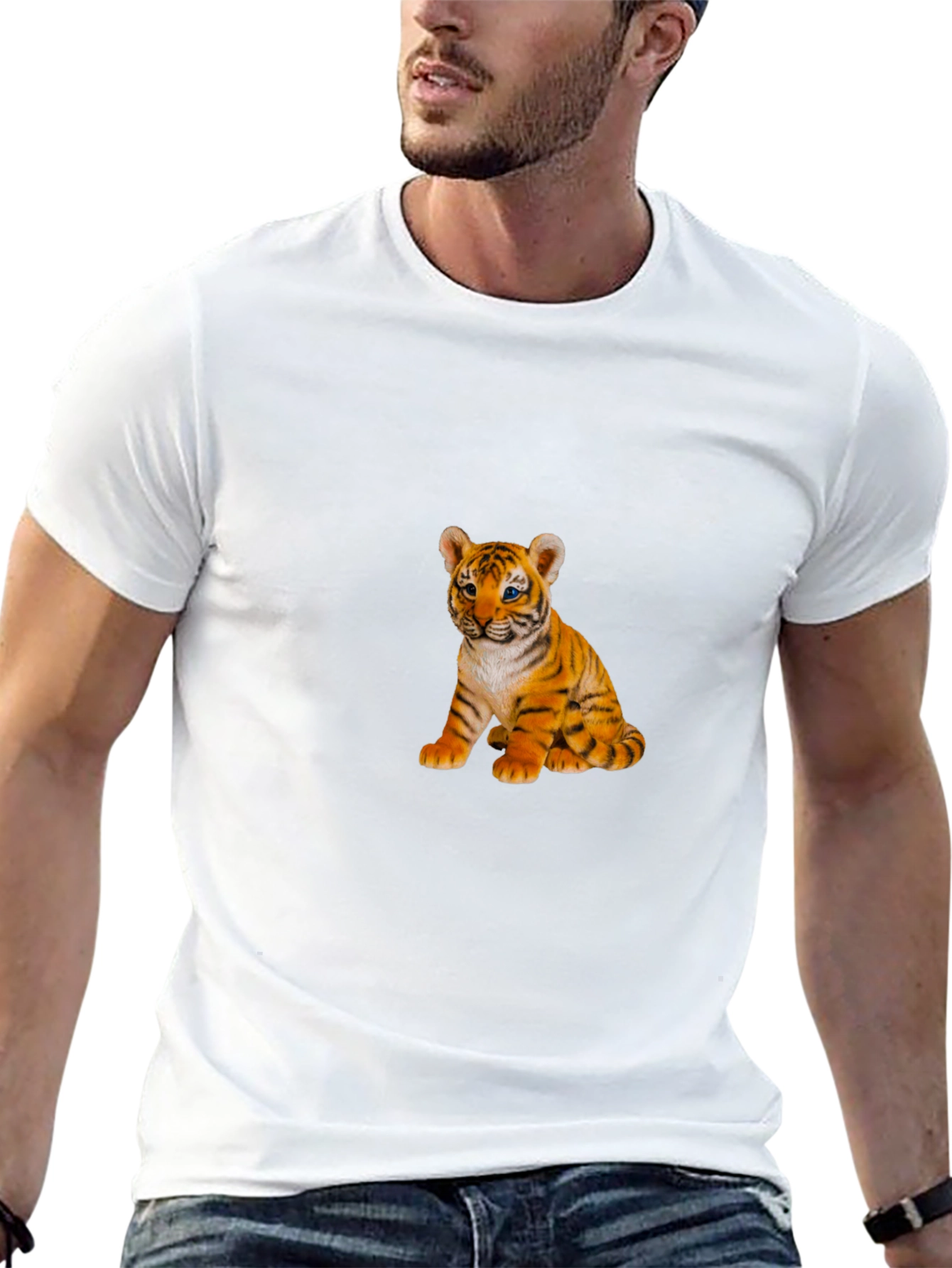 Mens Black T-Shirt with Cute Tiger Cub Print