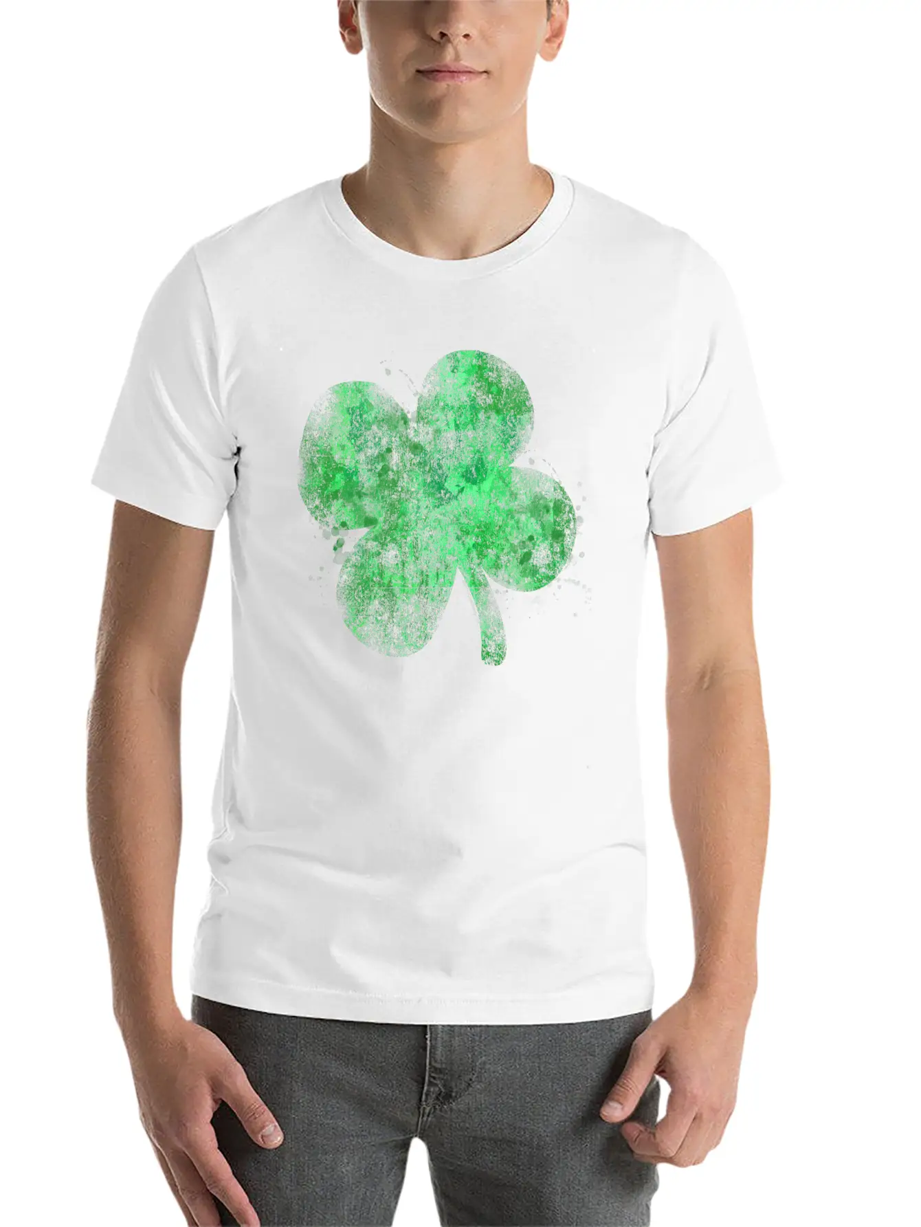 Watercolor Grunge Four Leaf Clover St Patricks Day Essential Unisex Summer Tee – Soft Cotton Casual Fit
